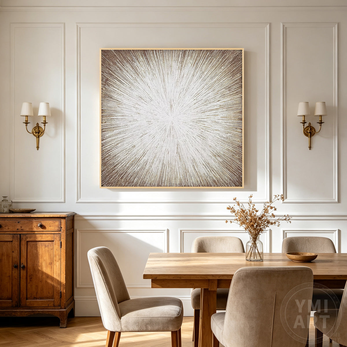 Modern radial sunburst textured painting in brown and white tones for chic living room decor.