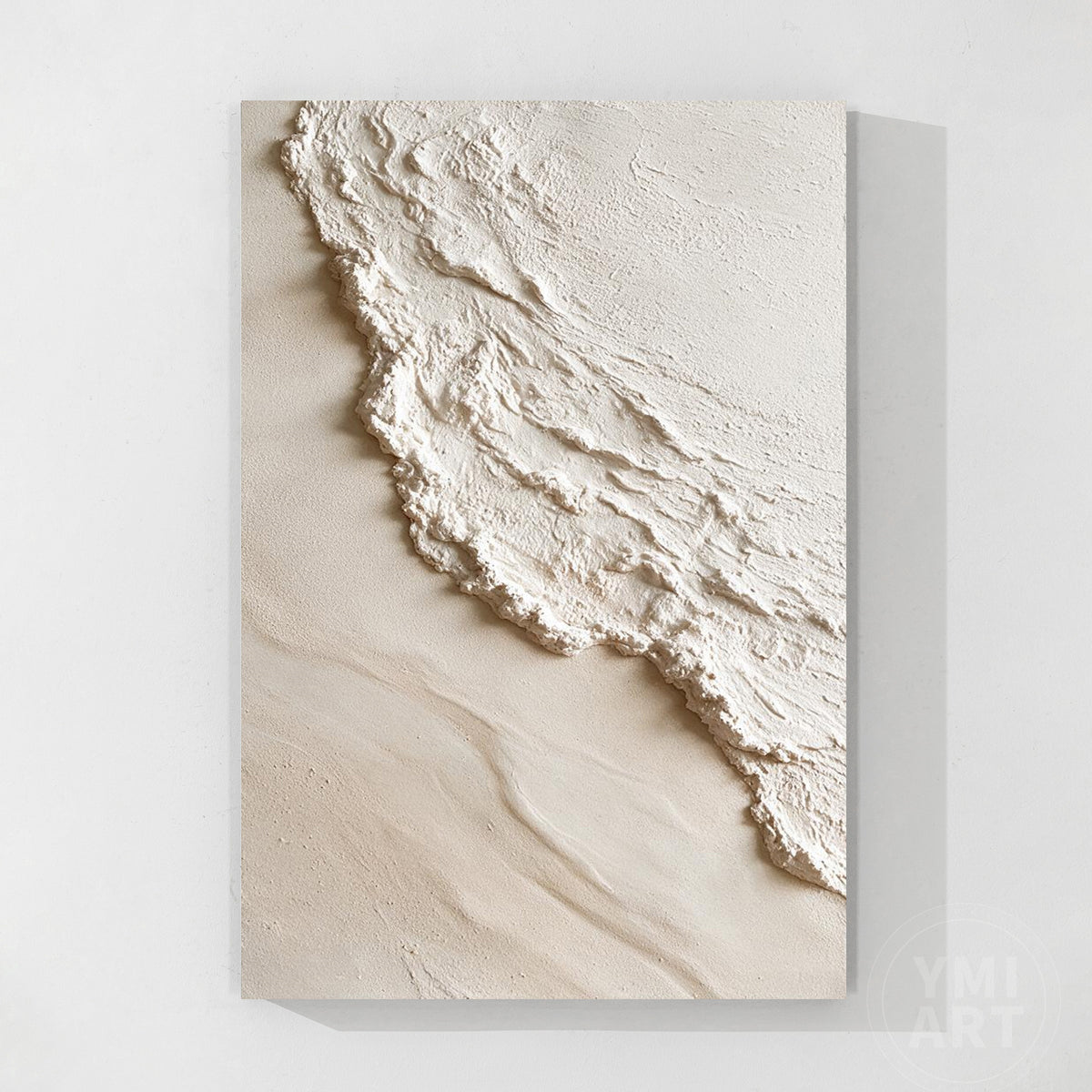 Abstract coastal beach and foam wave painting featuring heavy impasto plaster texture in beige and white tones.