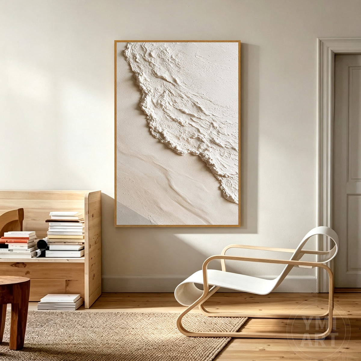Vertical 3D white ocean wave textured plaster canvas wall art with natural oak frame for modern living room.