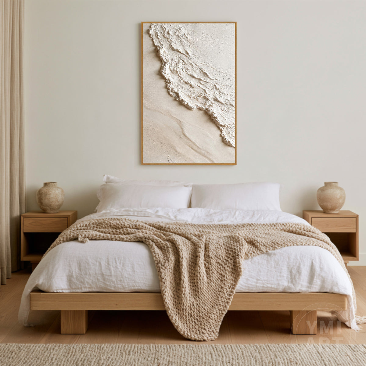 Large vertical neutral beige and white ocean wave canvas art perfect for entryway, bedroom, or living room decor.
