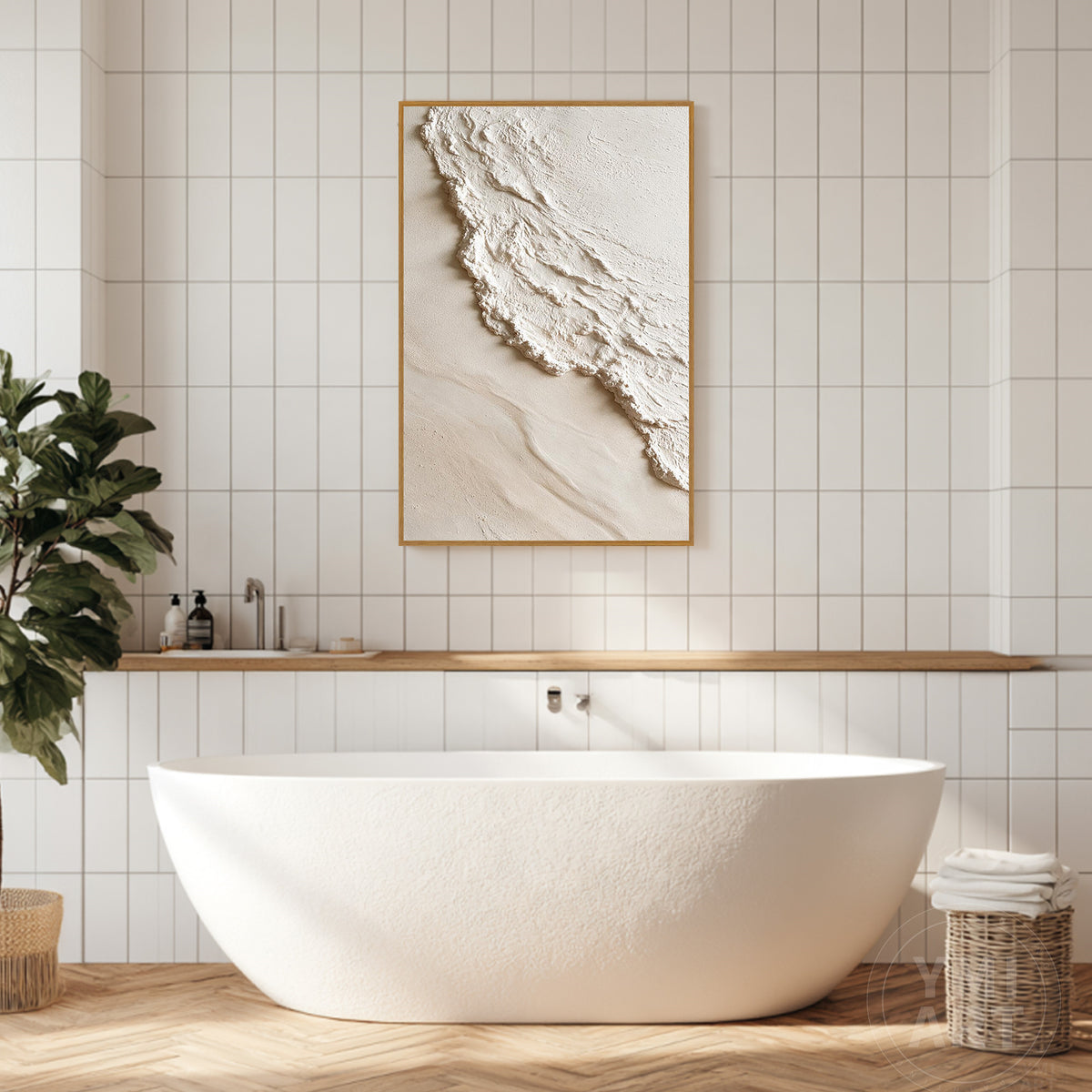 Minimalist wabi-sabi style textured canvas artwork inspired by organic sea waves and shoreline elements.