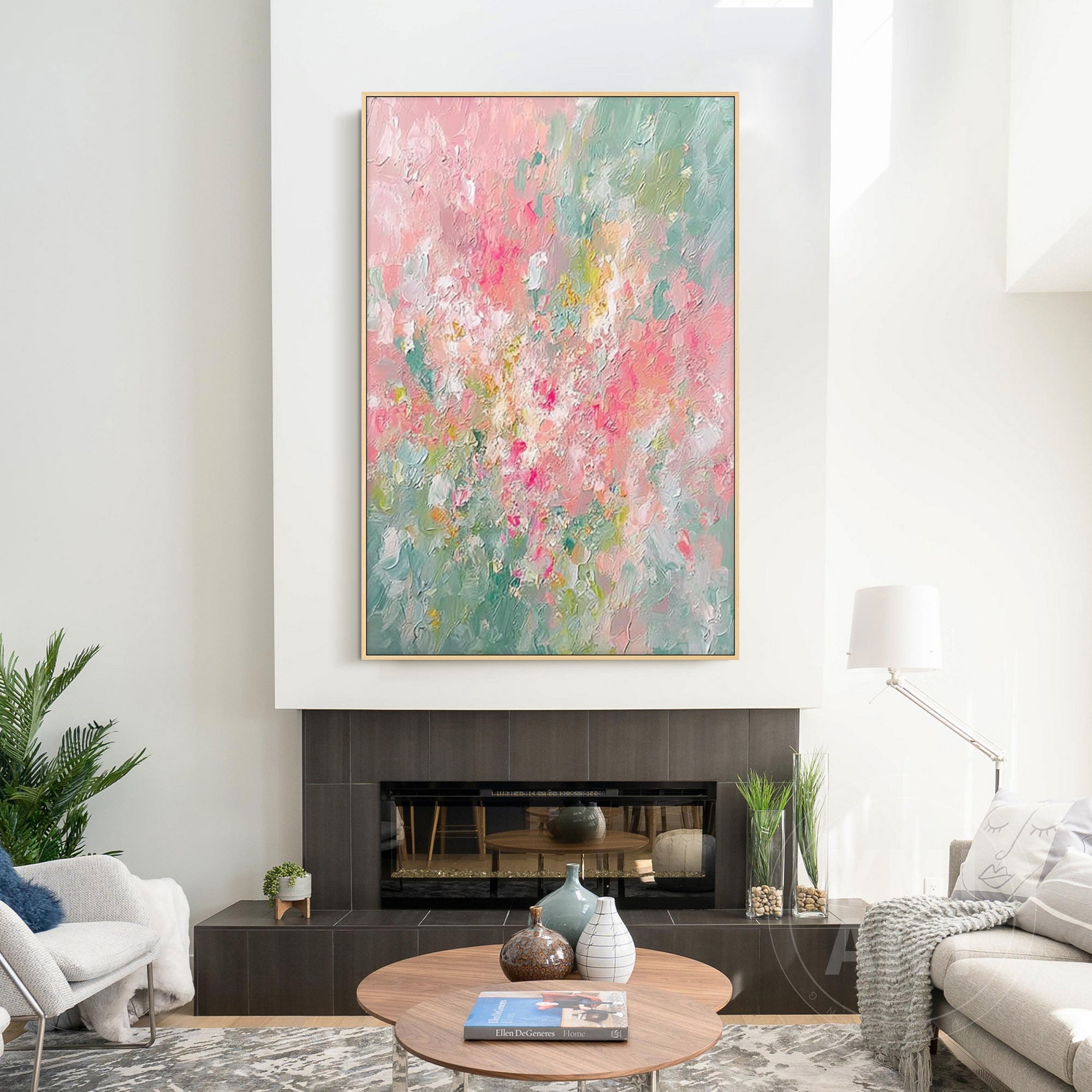 Vertical pink sage green impasto floral oil painting, textured soft pastel abstract spring flower canvas wall art