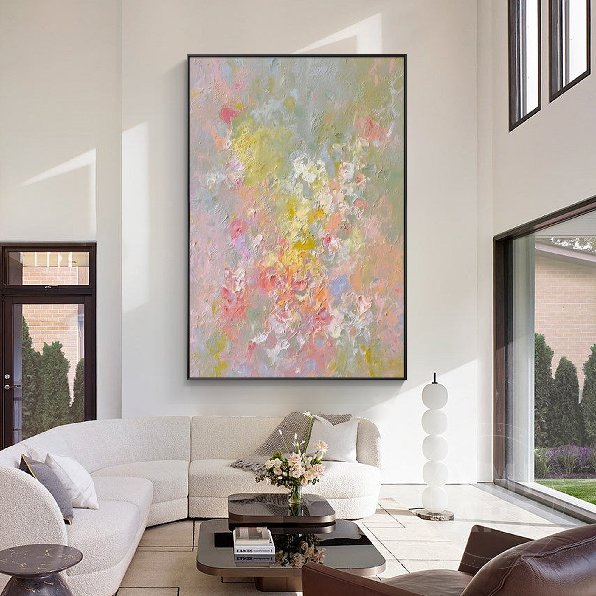 Vertical muted pastel wildflower impasto oil painting, textured soft‑focus abstract spring floral canvas wall art