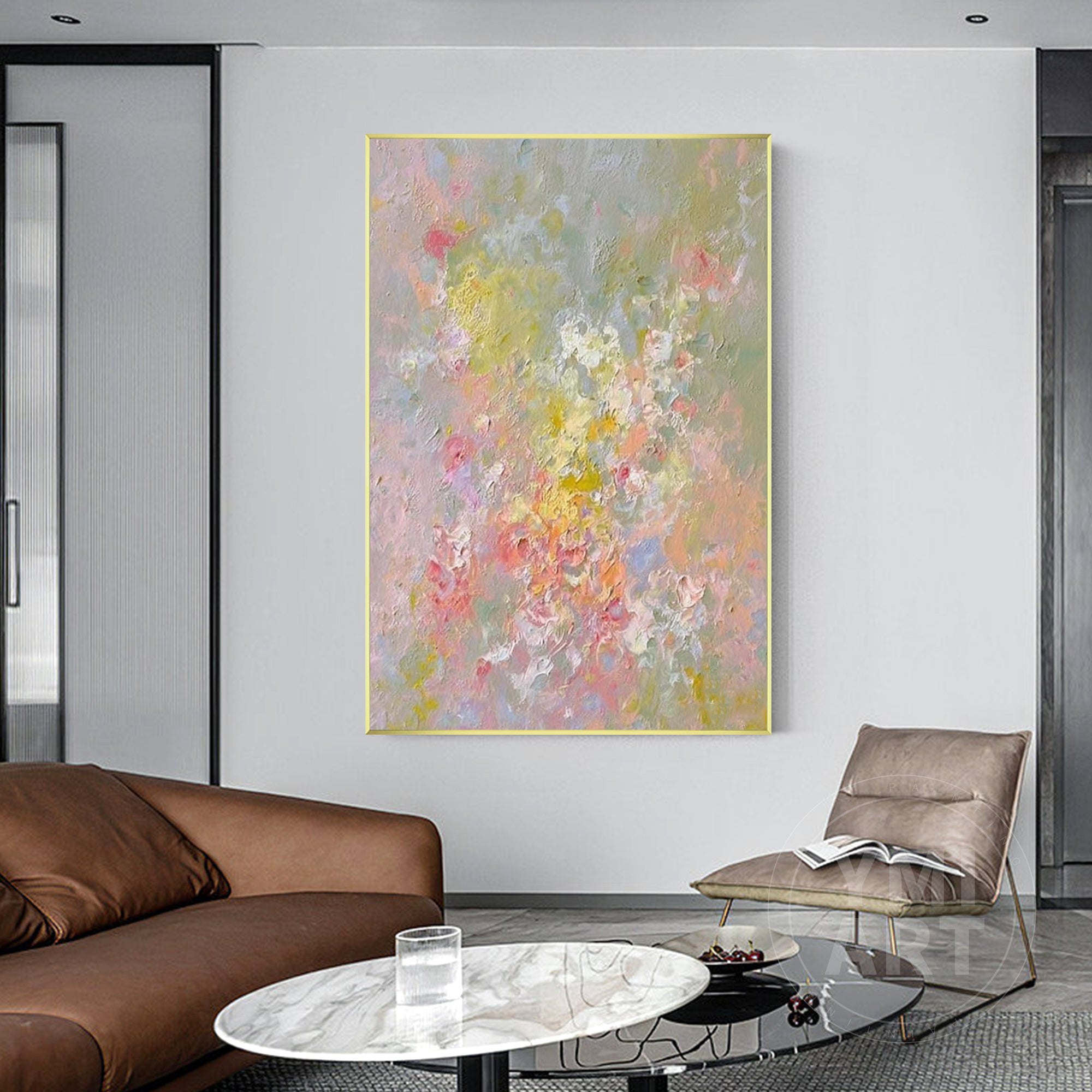 Vertical muted pastel wildflower impasto oil painting, textured soft‑focus abstract spring floral canvas wall art