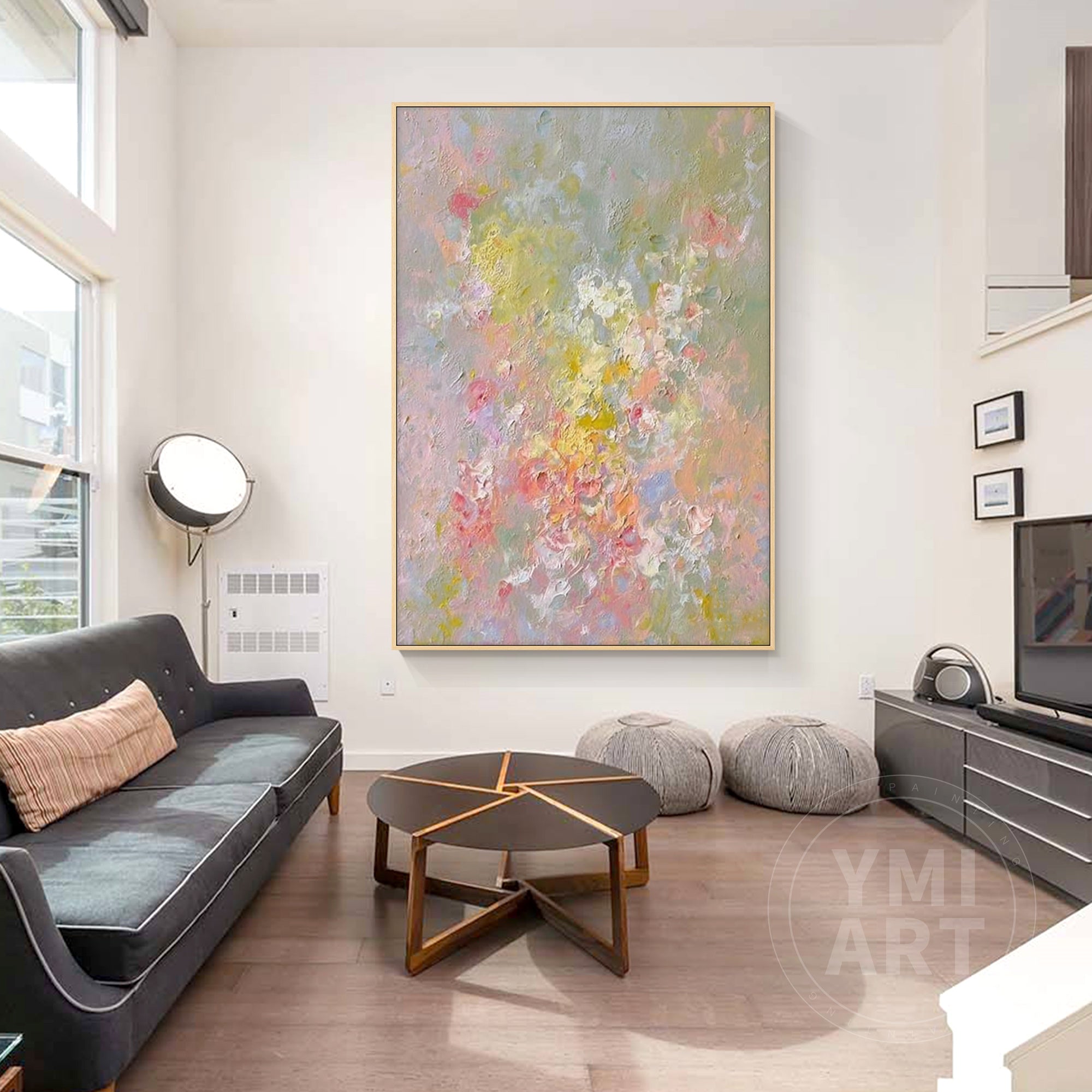 Vertical muted pastel wildflower impasto oil painting, textured soft‑focus abstract spring floral canvas wall art