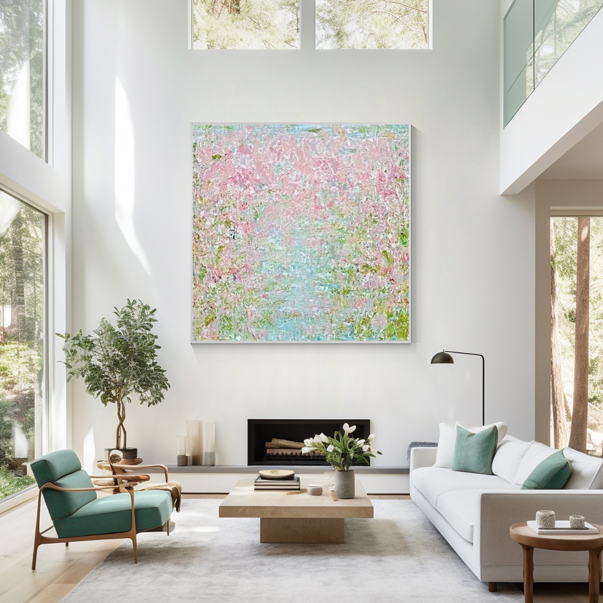 Hand painted abstract wall art in blush pink and light green