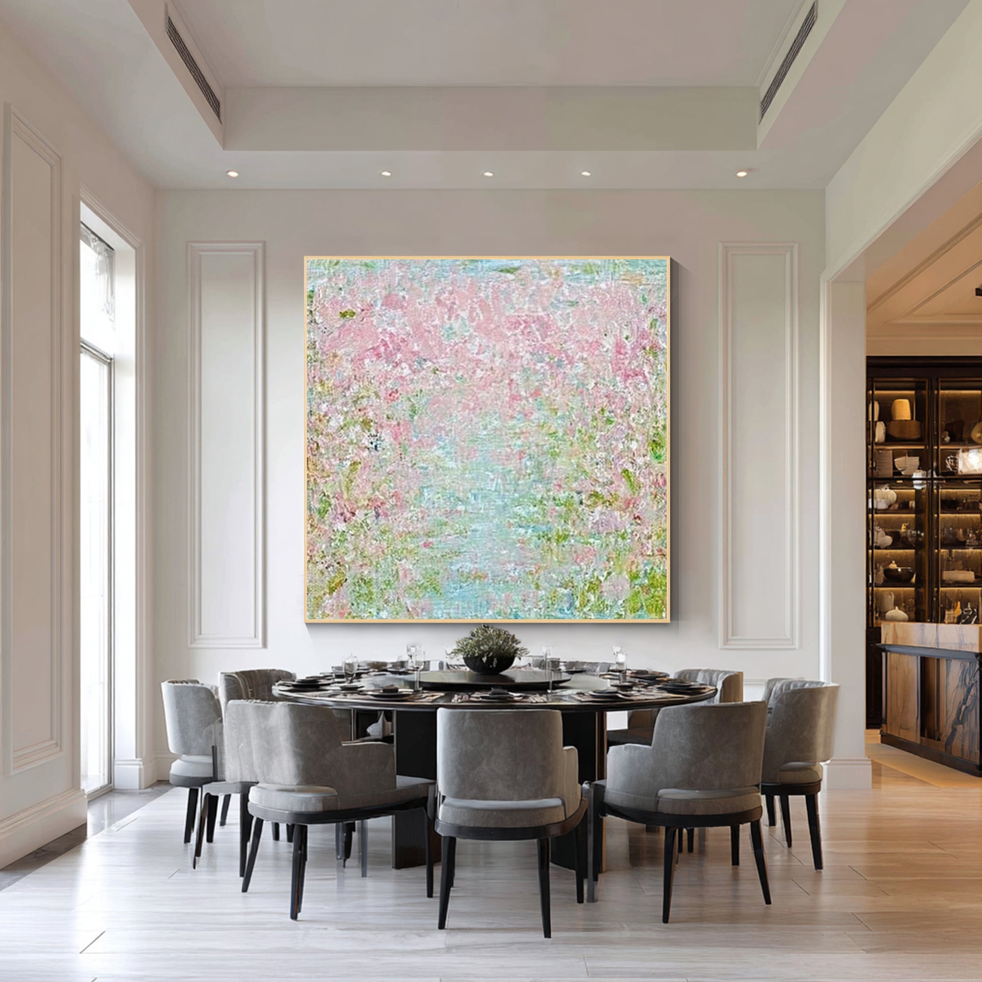 abstract garden painting in light pink blue and green tones