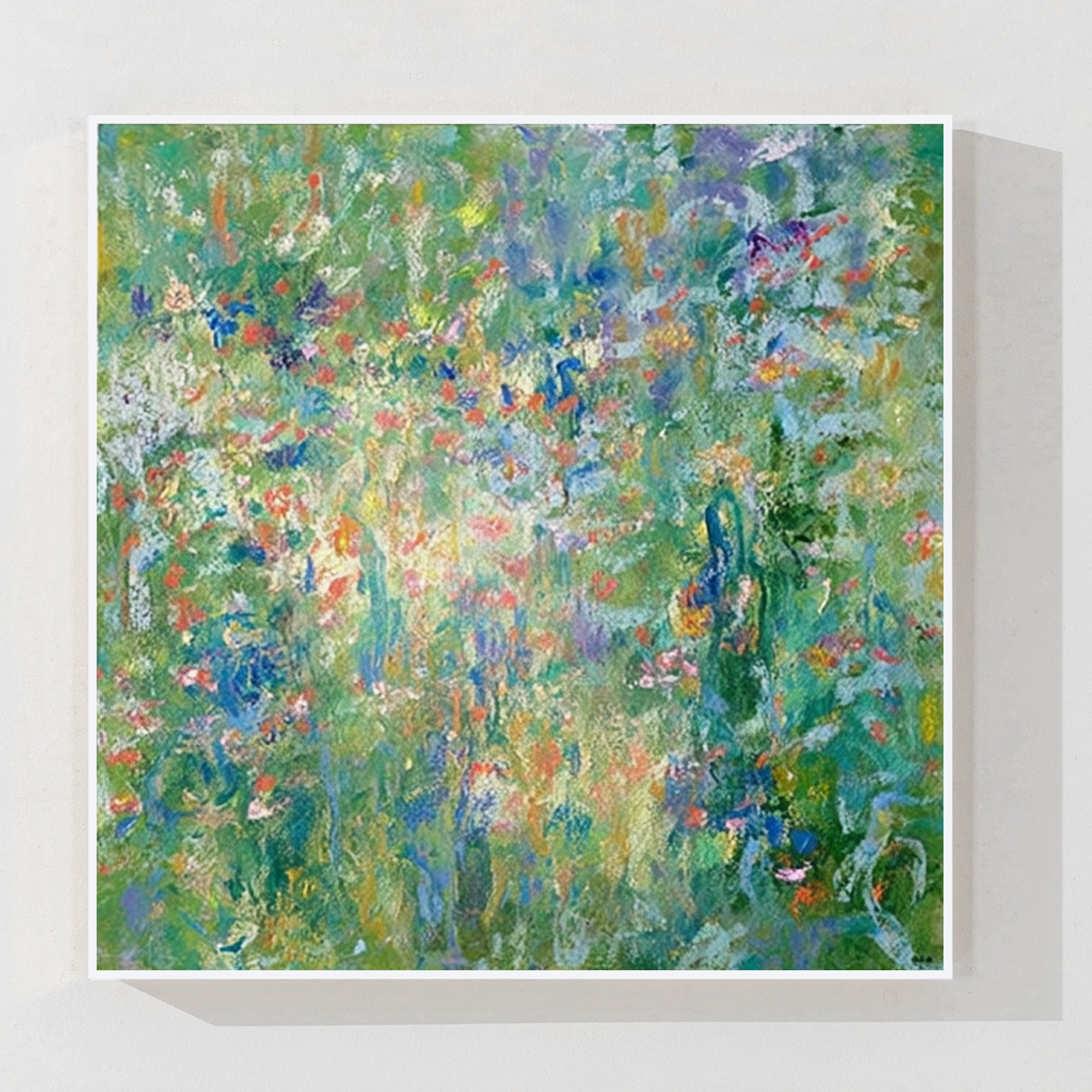 abstract garden painting with green tones and soft floral details