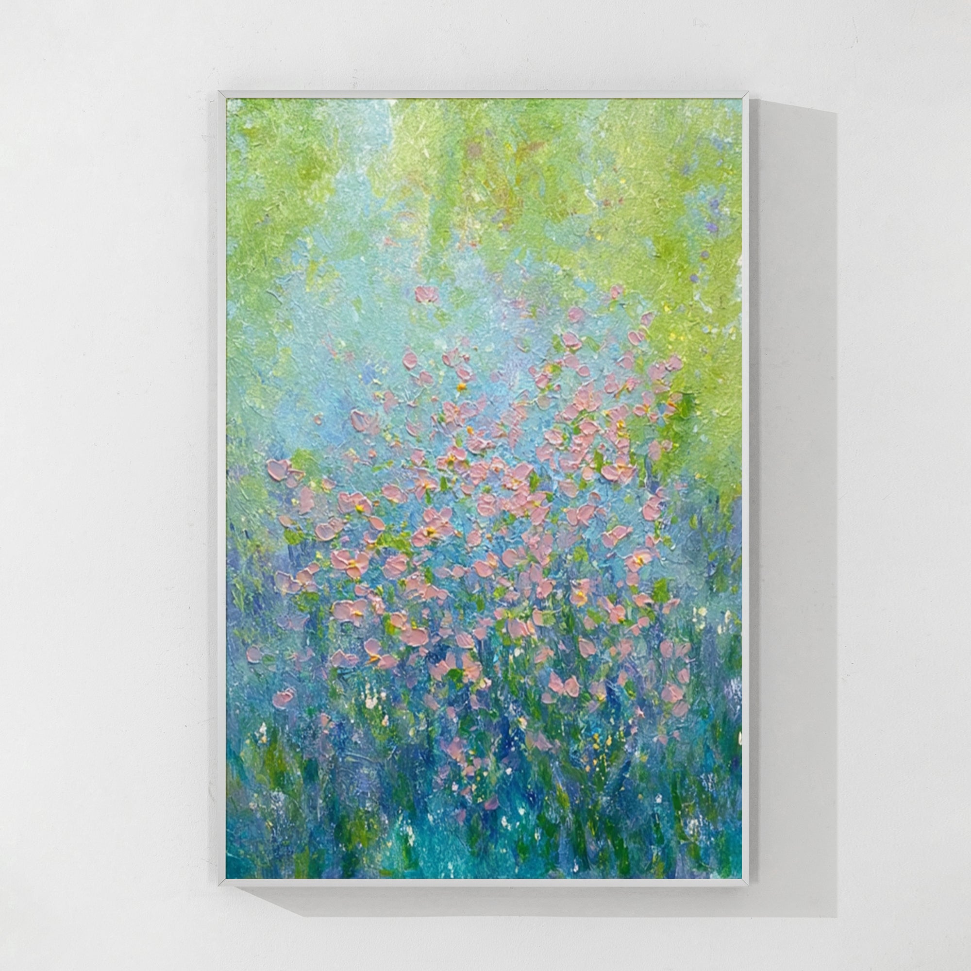 Abstract wildflower meadow canvas with pink floral blooms
