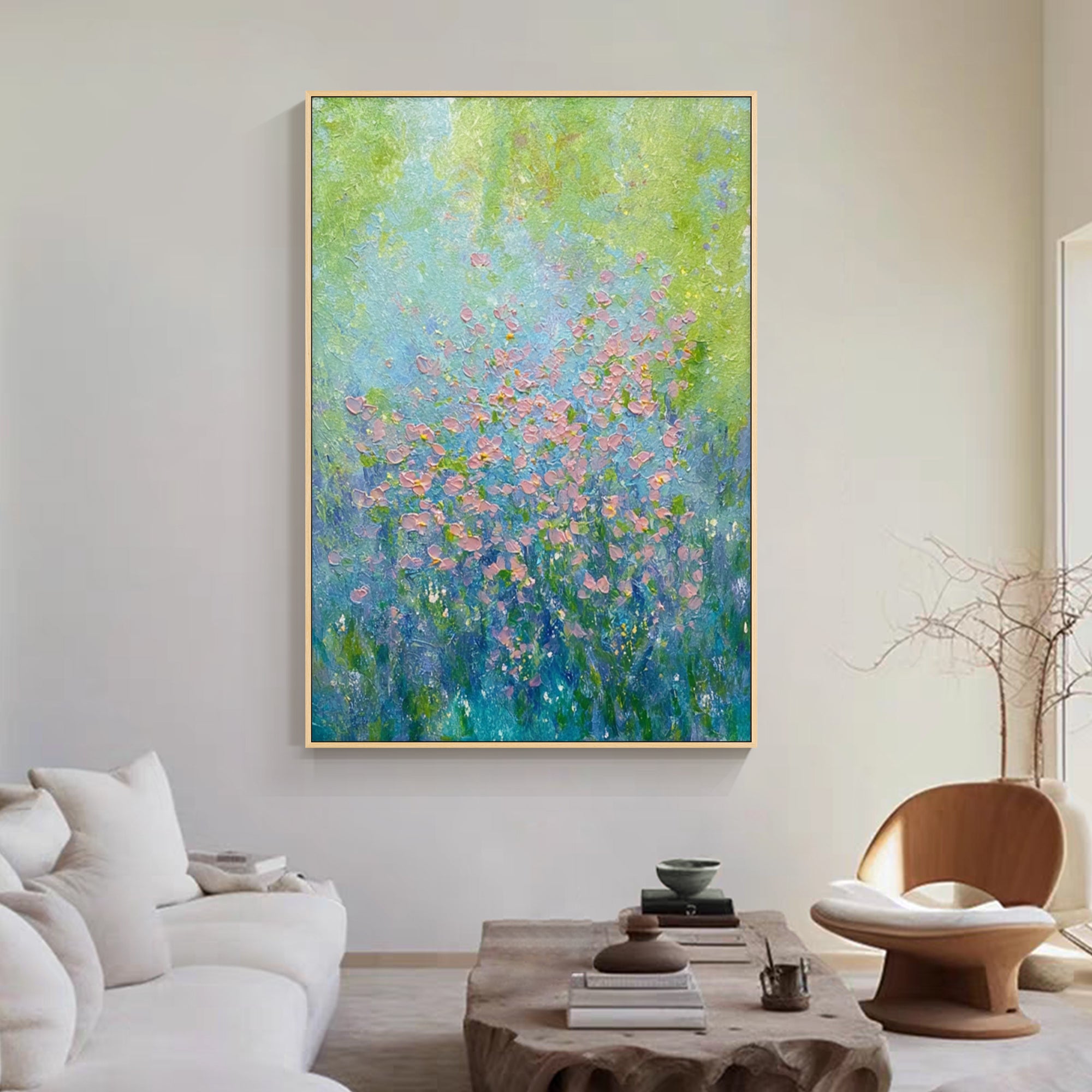 Impressionist botanical wall art in green and blue tones