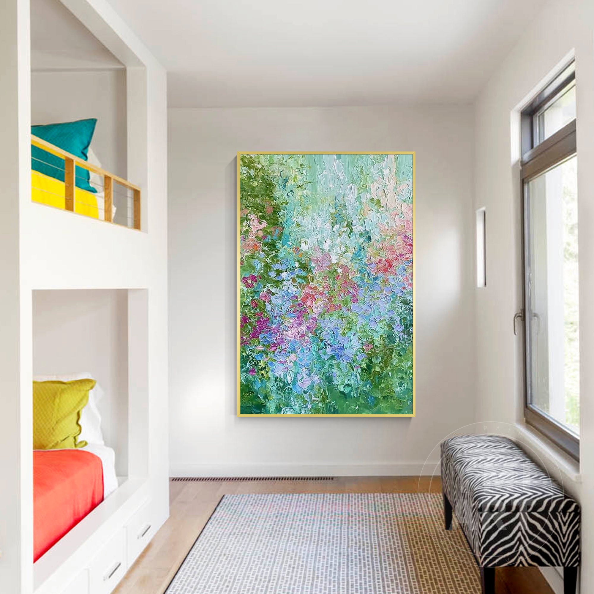 Hand‑painted vertical thick impasto textured abstract hydrangea floral wall art with green blue pink purple garden blooms for boho cottagecore modern home decor