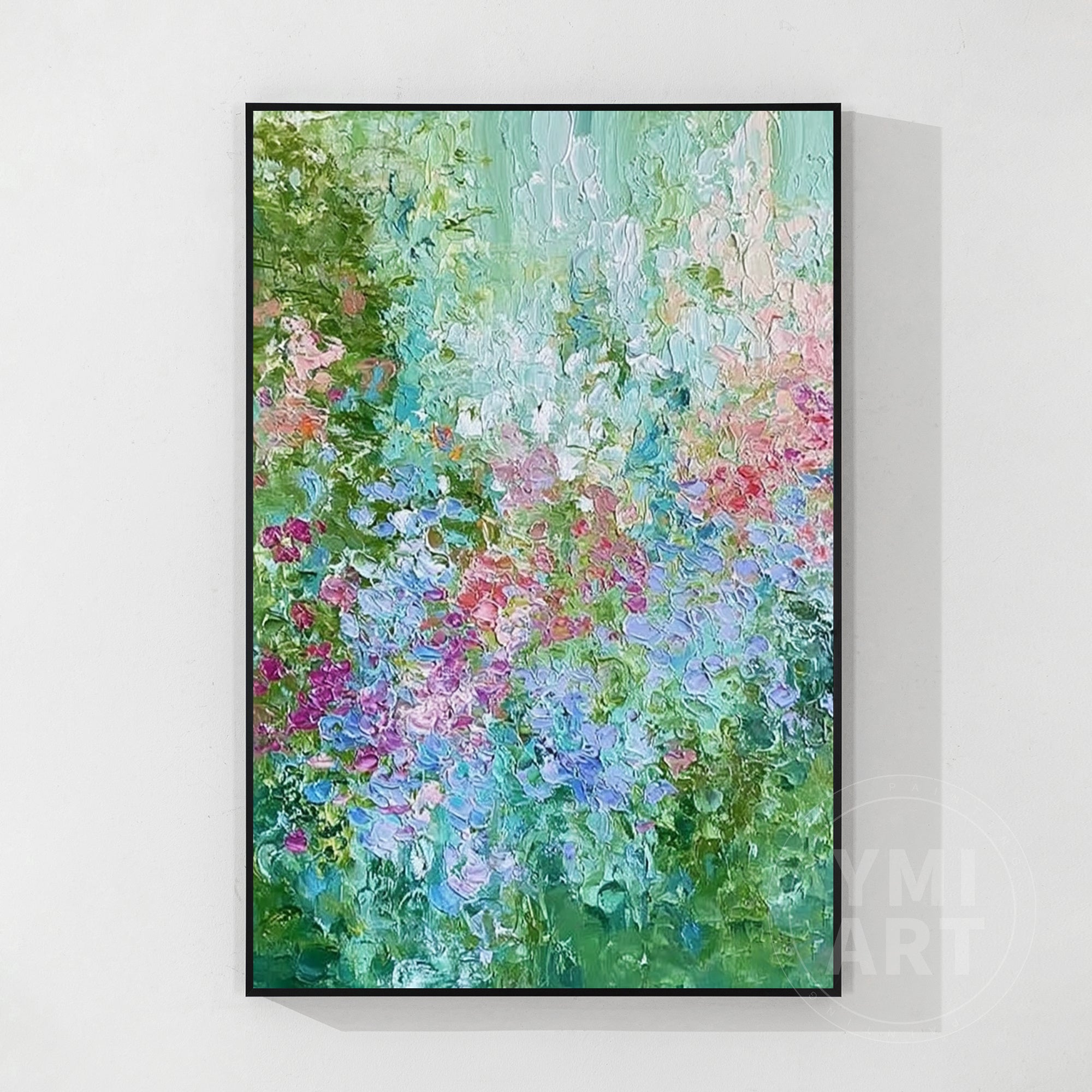 Hand‑painted vertical thick impasto textured abstract hydrangea floral wall art with green blue pink purple garden blooms for boho cottagecore modern home decor