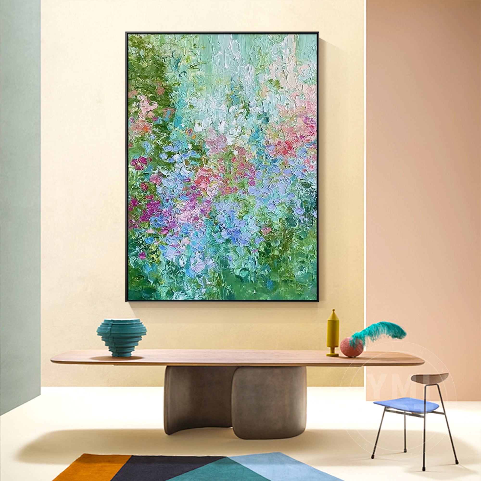 Hand‑painted vertical thick impasto textured abstract hydrangea floral wall art with green blue pink purple garden blooms for boho cottagecore modern home decor