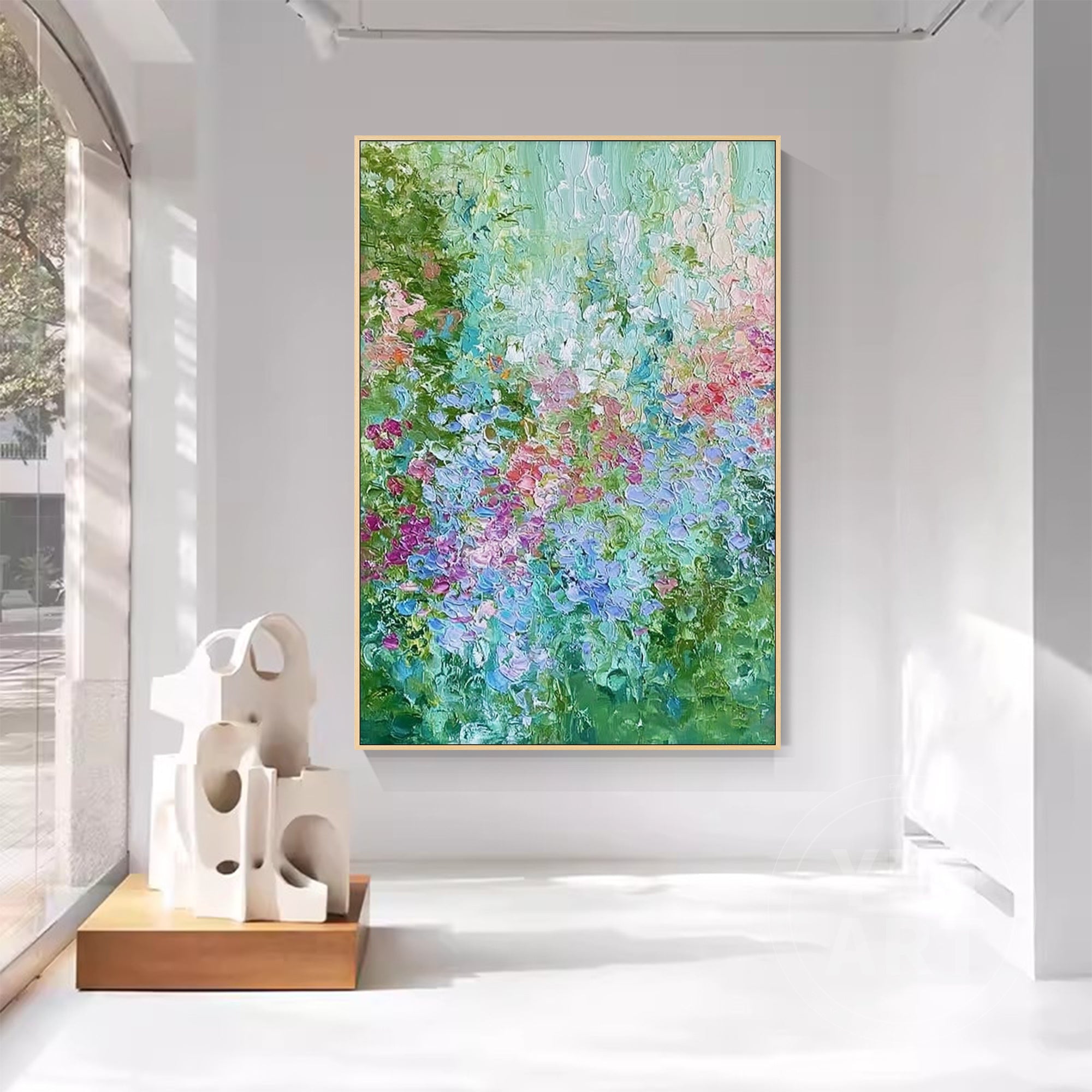 Hand‑painted vertical thick impasto textured abstract hydrangea floral wall art with green blue pink purple garden blooms for boho cottagecore modern home decor