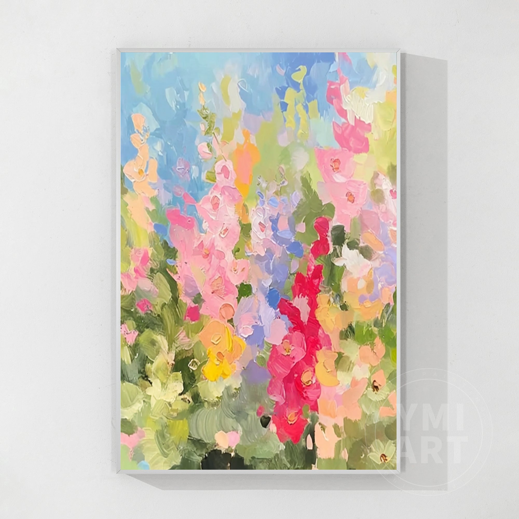 Vertical colorful larkspur wildflower impasto oil painting, textured impressionist summer garden floral canvas wall art