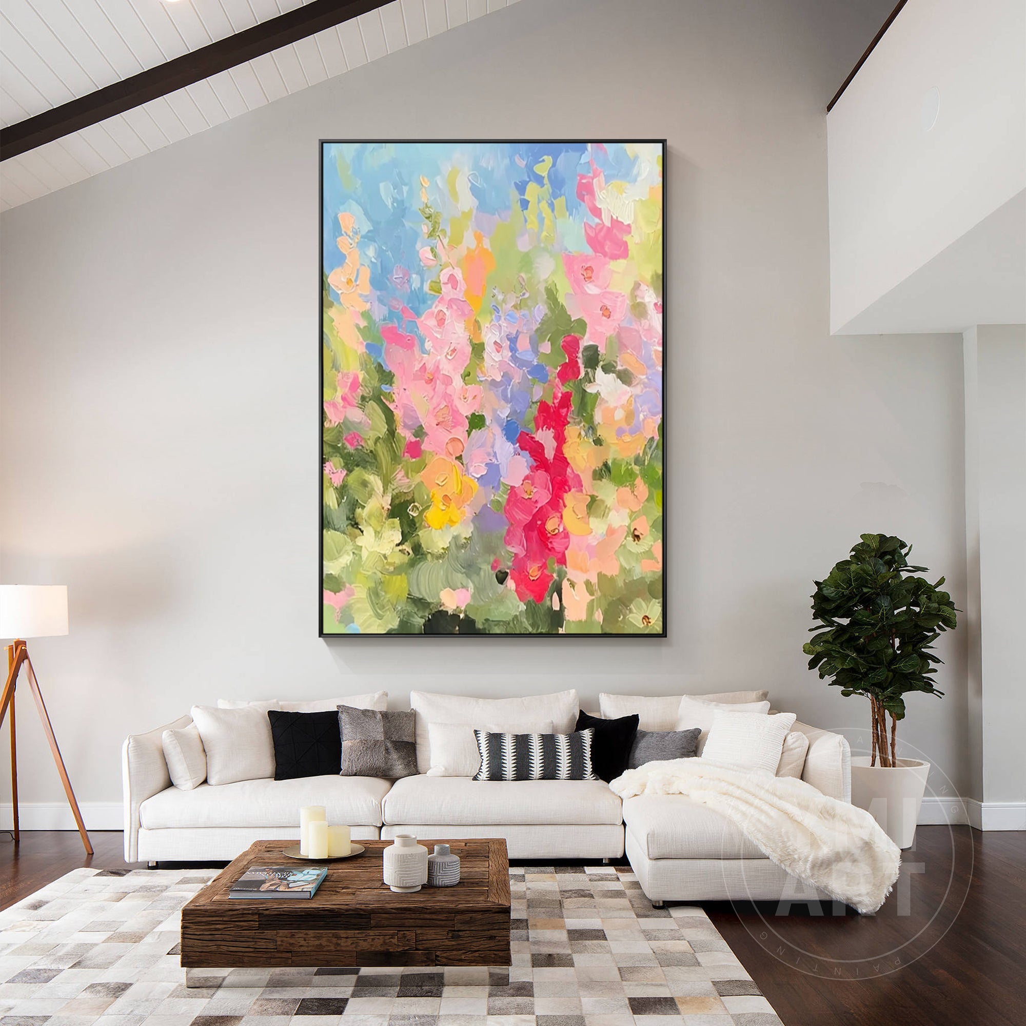 Vertical colorful larkspur wildflower impasto oil painting, textured impressionist summer garden floral canvas wall art