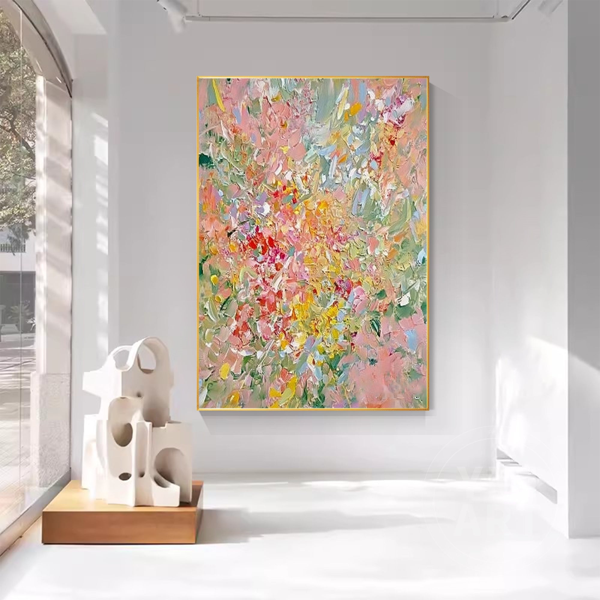 Vertical colorful abstract floral impasto oil painting, textured palette knife spring blossom canvas wall art