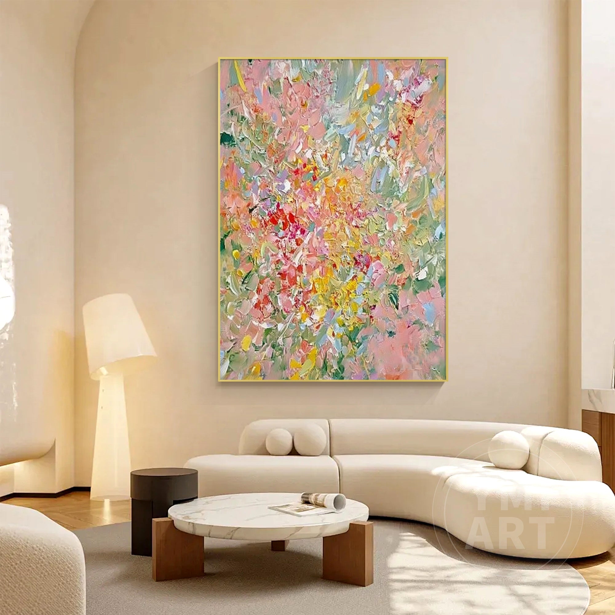 Vertical colorful abstract floral impasto oil painting, textured palette knife spring blossom canvas wall art