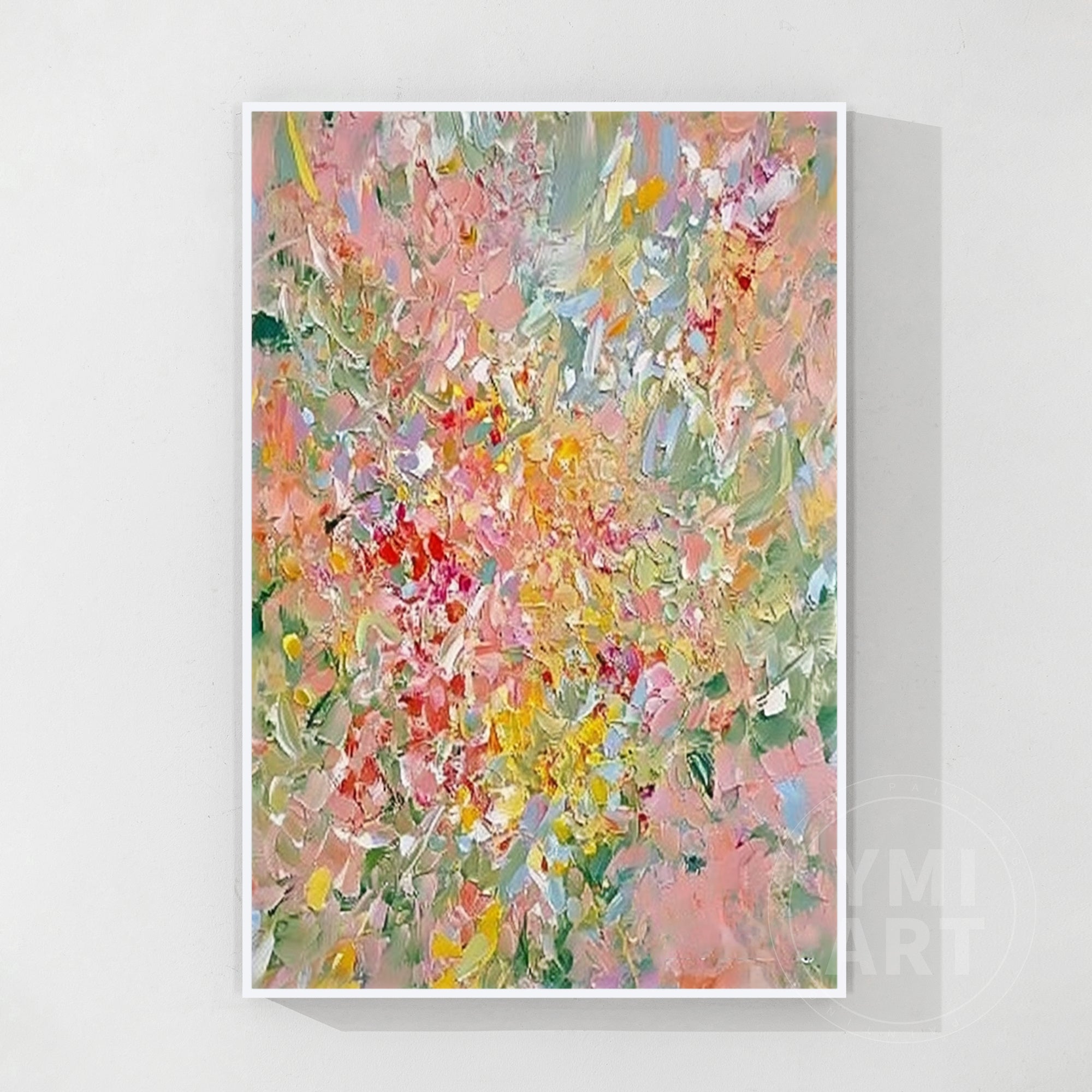 Vertical colorful abstract floral impasto oil painting, textured palette knife spring blossom canvas wall art