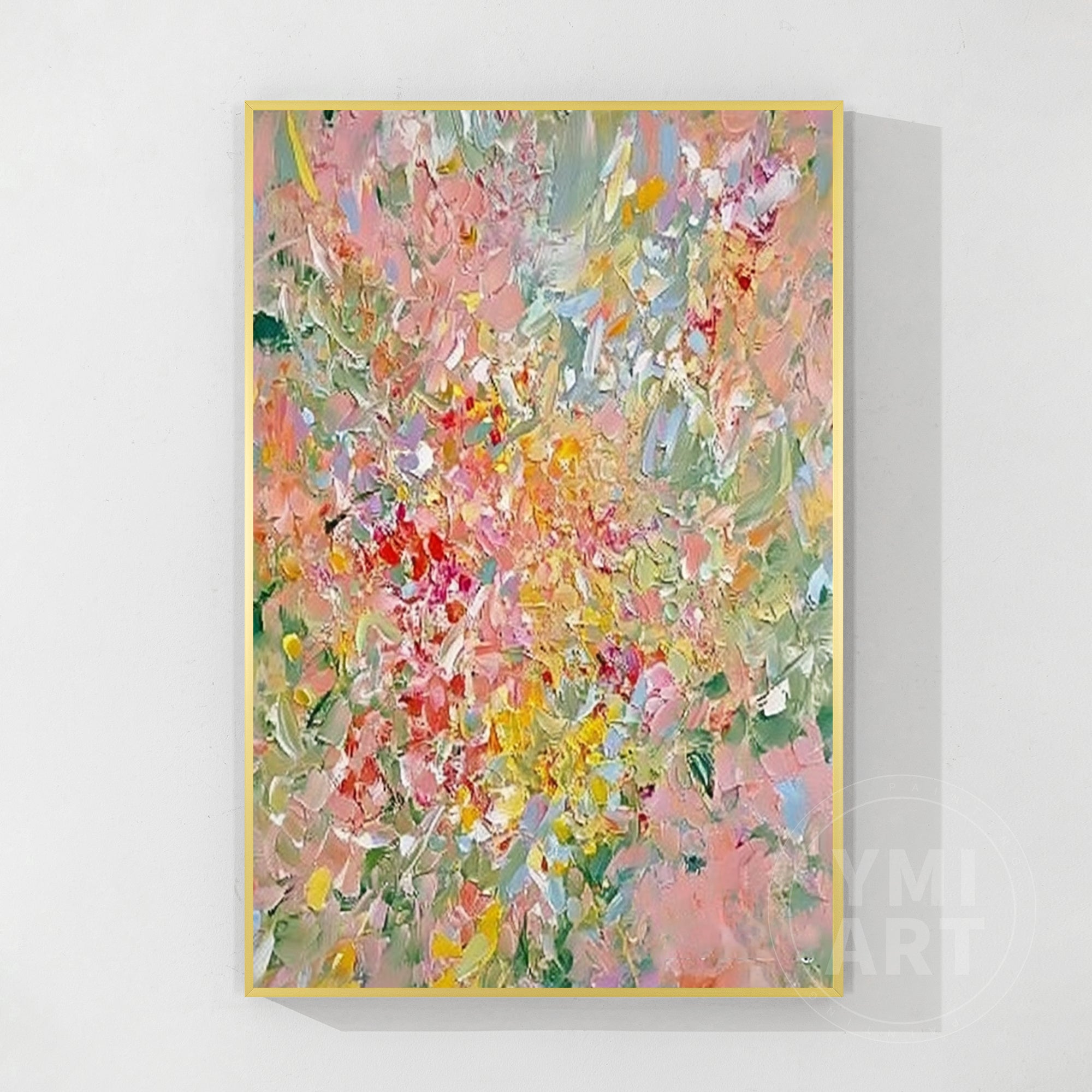 Vertical colorful abstract floral impasto oil painting, textured palette knife spring blossom canvas wall art