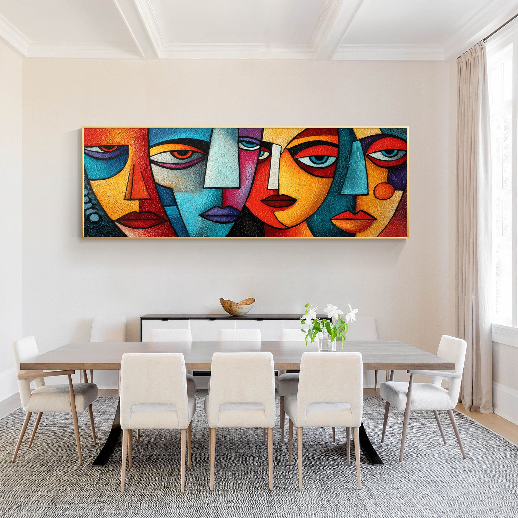 Hand‑painted long horizontal heavy impasto textured cubist geometric abstract face wall art for modern maximalist eclectic home decor