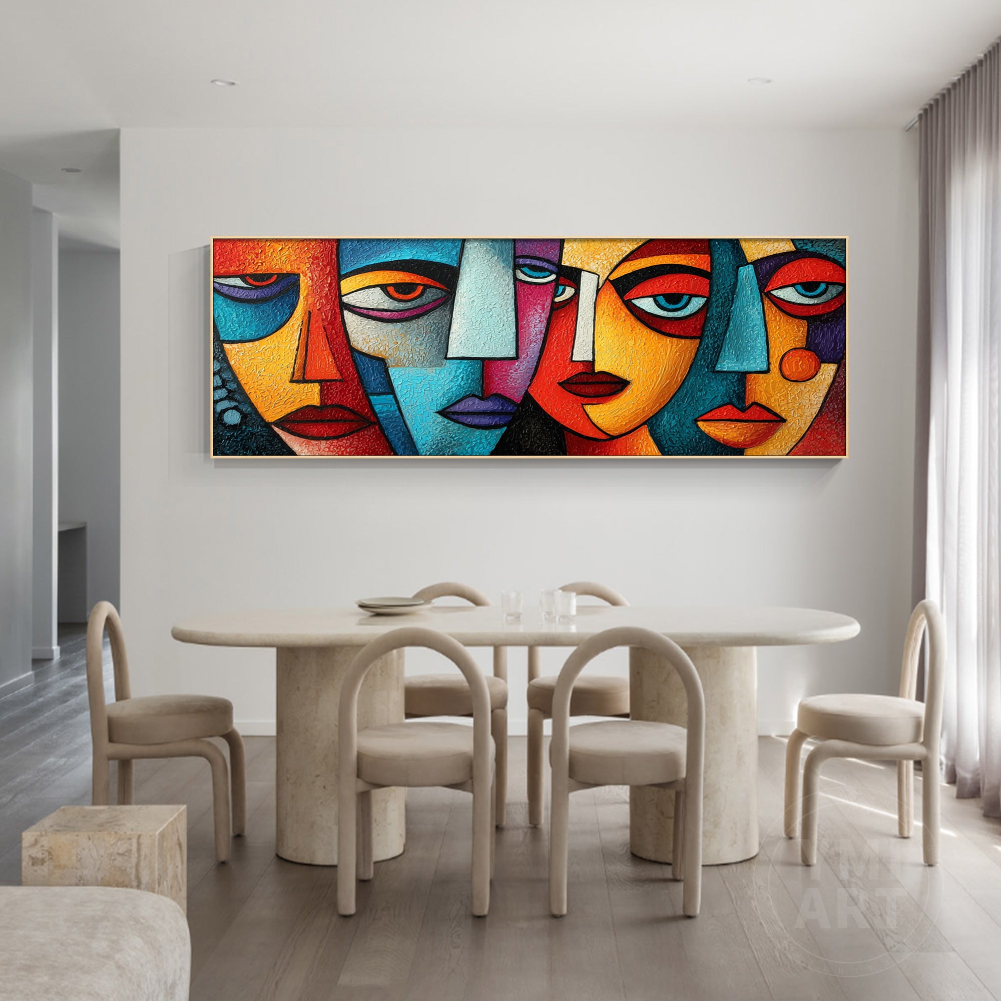 Hand‑painted long horizontal heavy impasto textured cubist geometric abstract face wall art for modern maximalist eclectic home decor