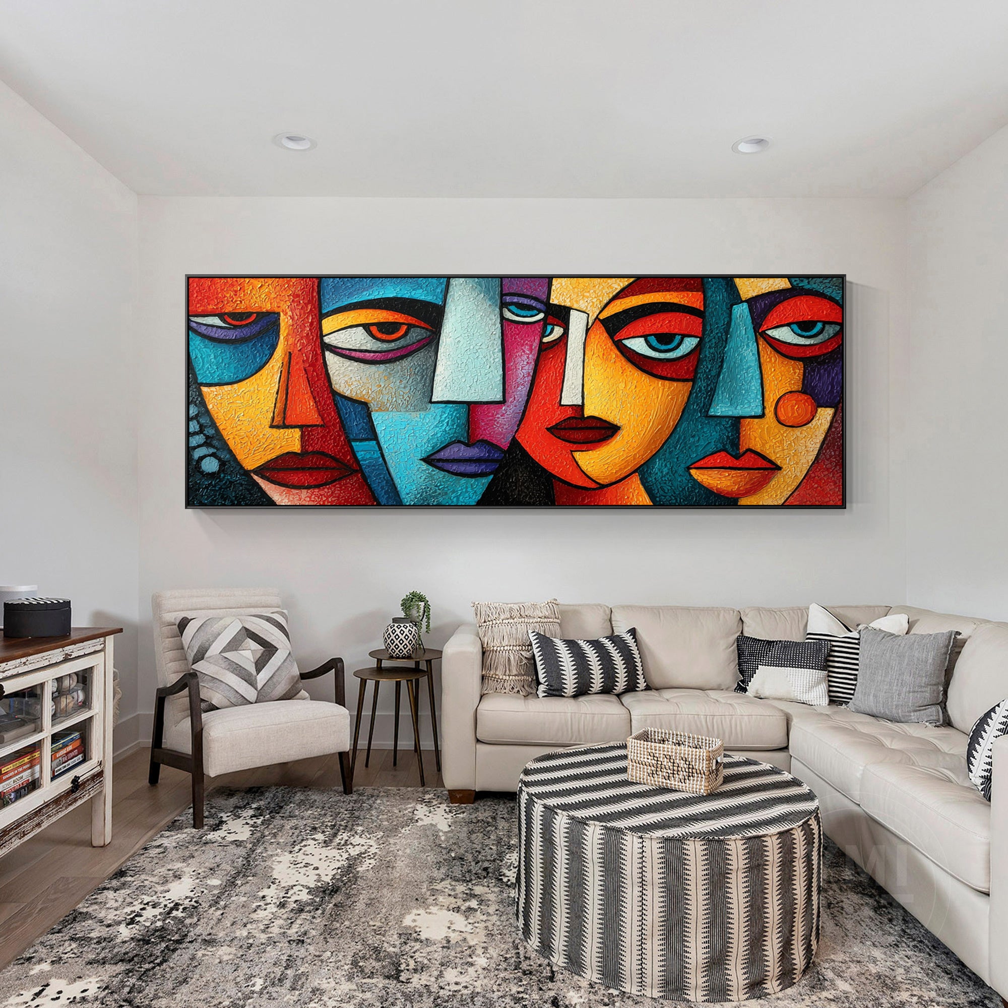 Hand‑painted long horizontal heavy impasto textured cubist geometric abstract face wall art for modern maximalist eclectic home decor