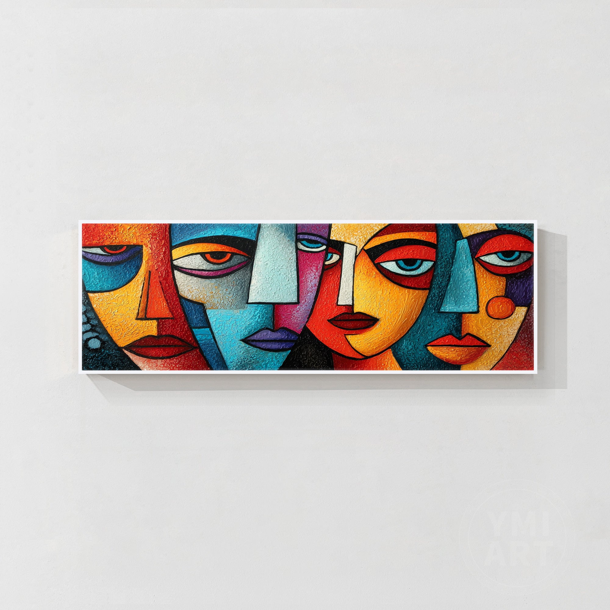 Hand‑painted long horizontal heavy impasto textured cubist geometric abstract face wall art for modern maximalist eclectic home decor