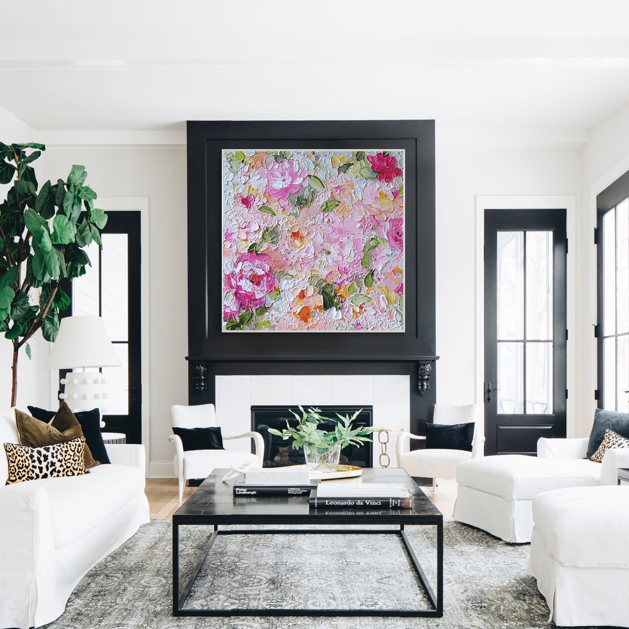 Pastel floral painting for elegant living room décor.
