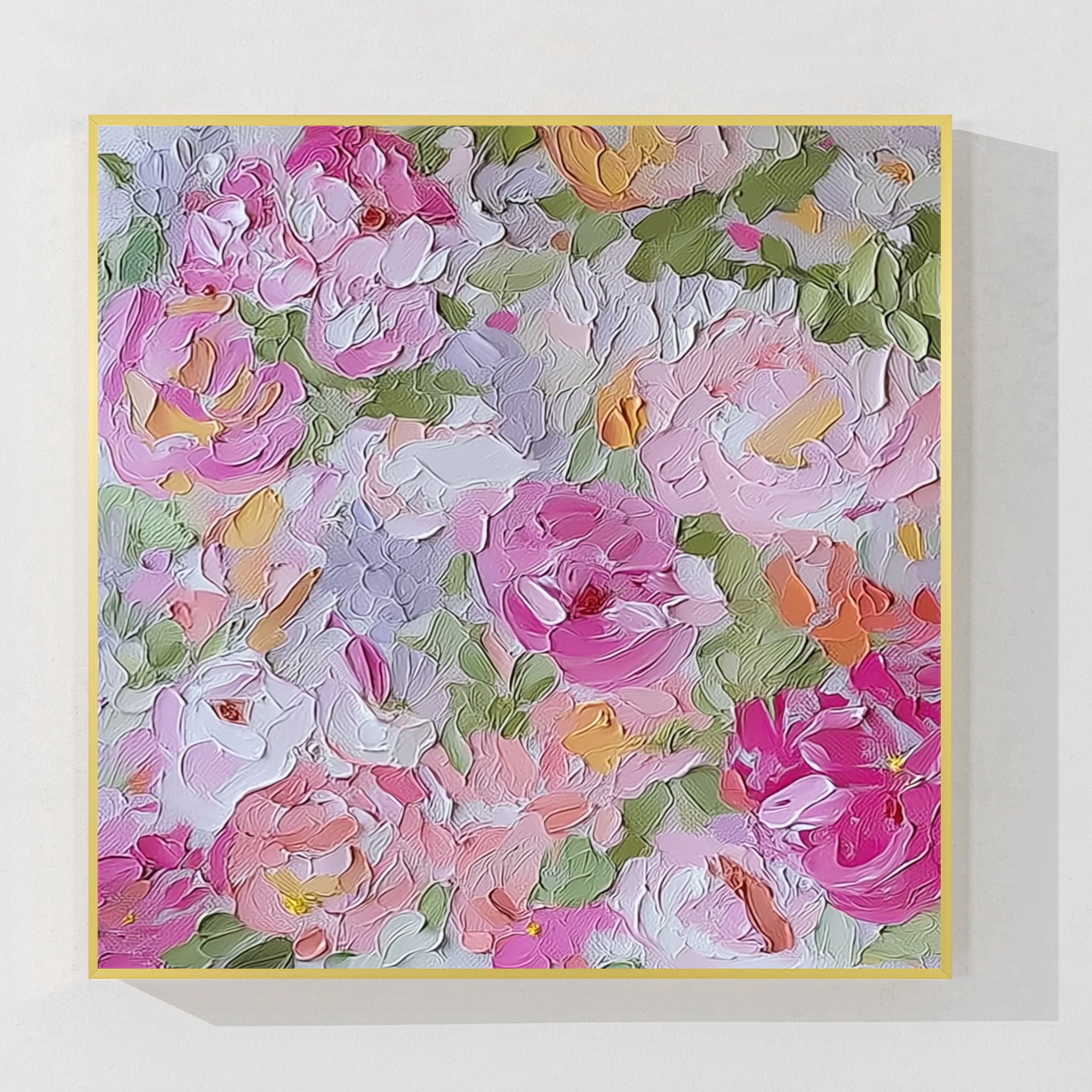 Textured pink floral abstract painting with layered pastel roses and soft palette knife details.