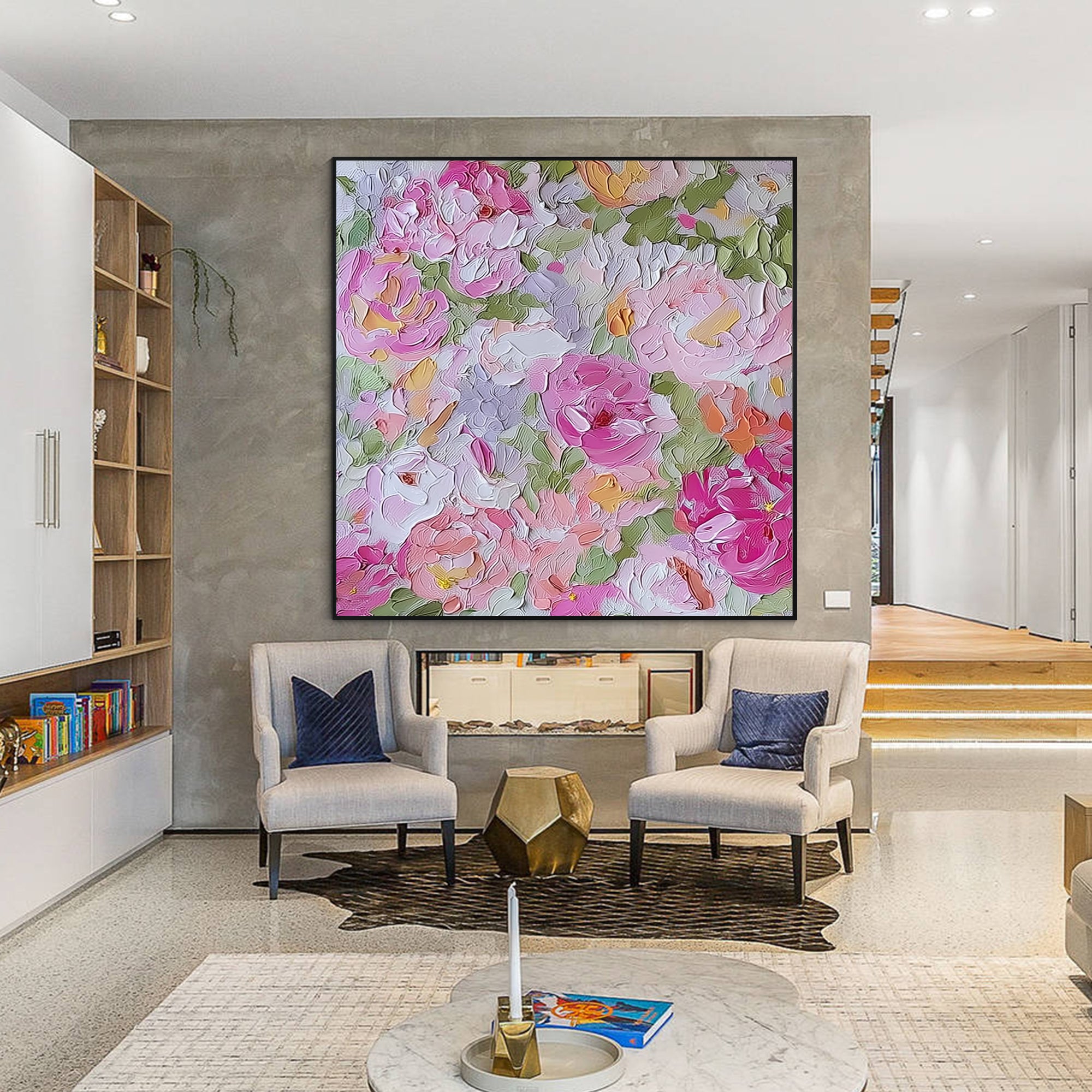 Romantic blush flower canvas art featuring rich impasto texture and modern feminine tones.