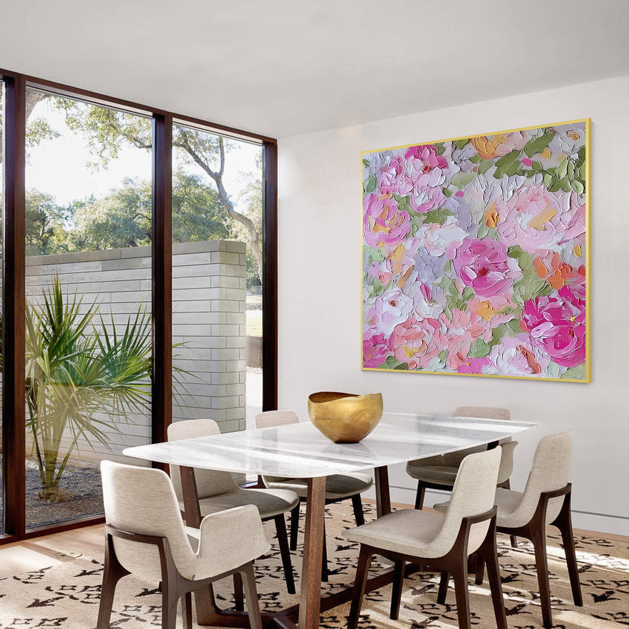 Romantic floral artwork styled in a chic dining room with neutral décor and natural light.