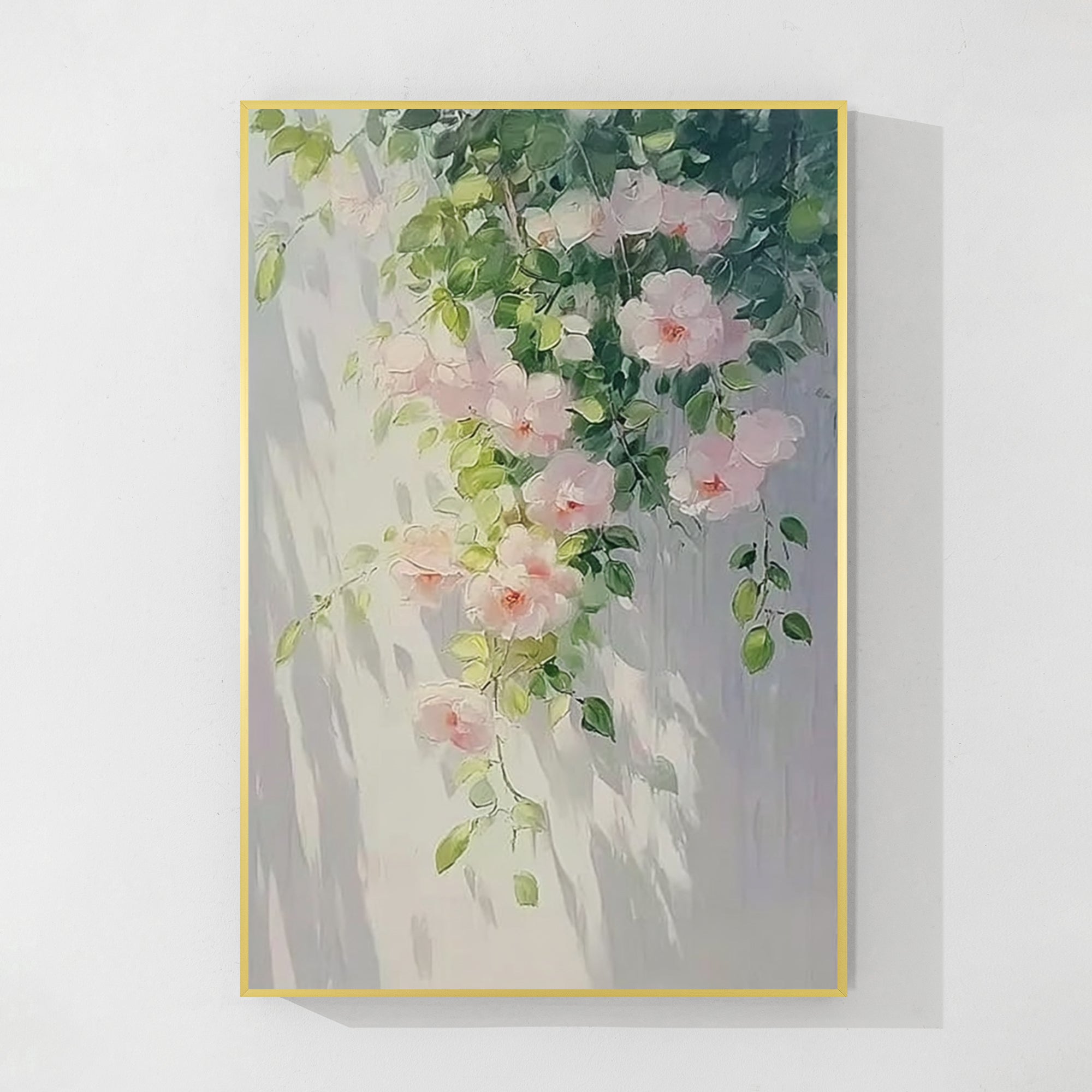 Blush pink garden rose canvas wall art with soft sunlight