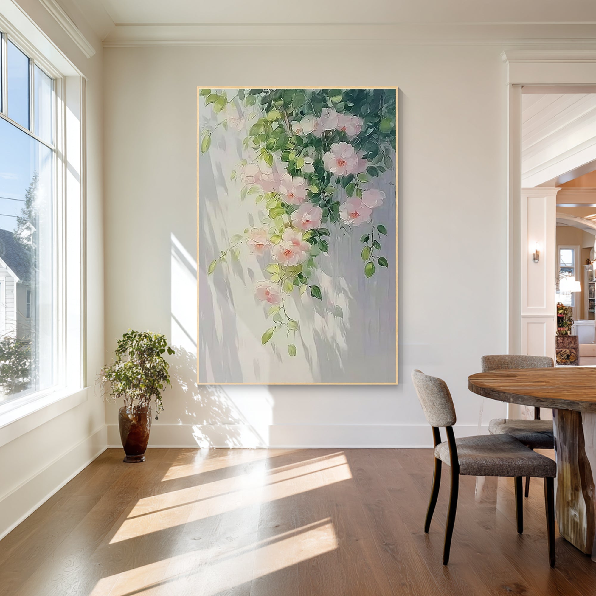 Romantic floral painting with cascading roses and greenery