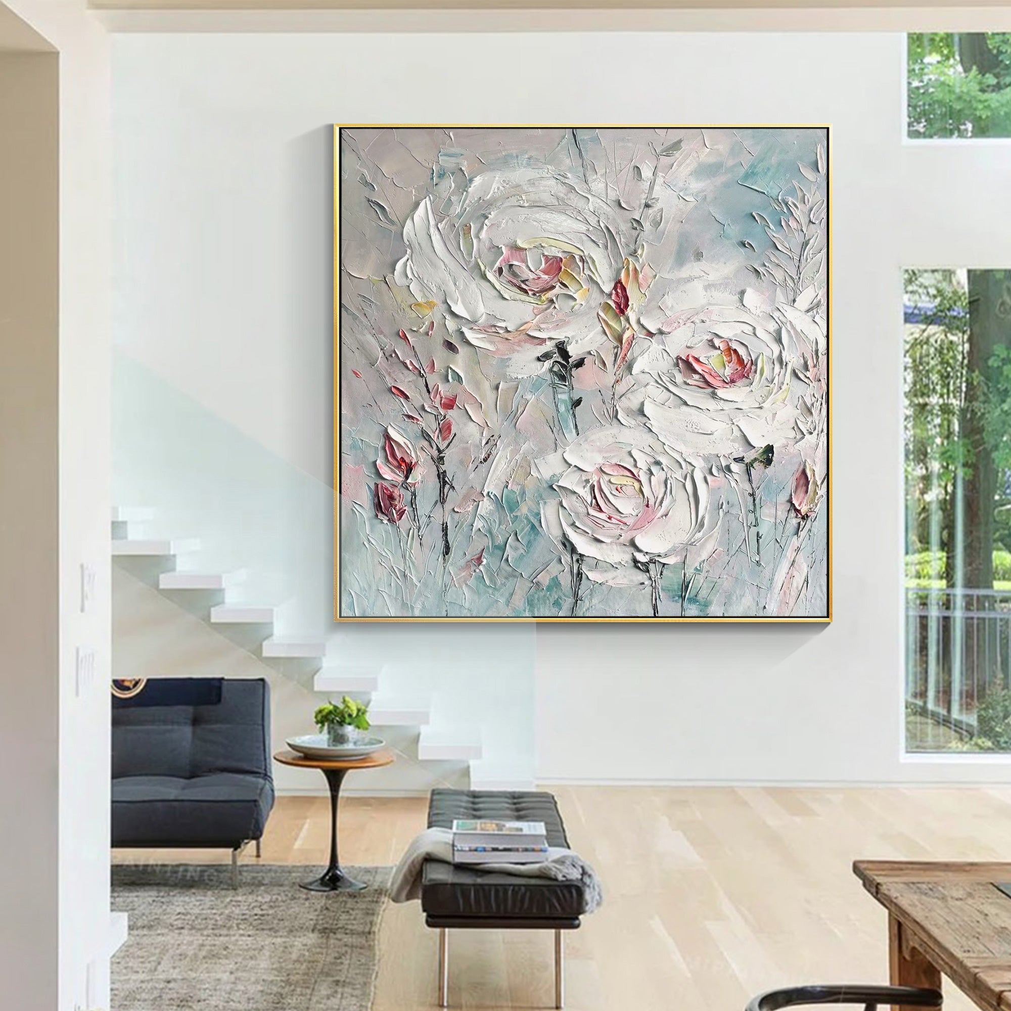 Modern pastel flower wall art with thick textured palette knife style
