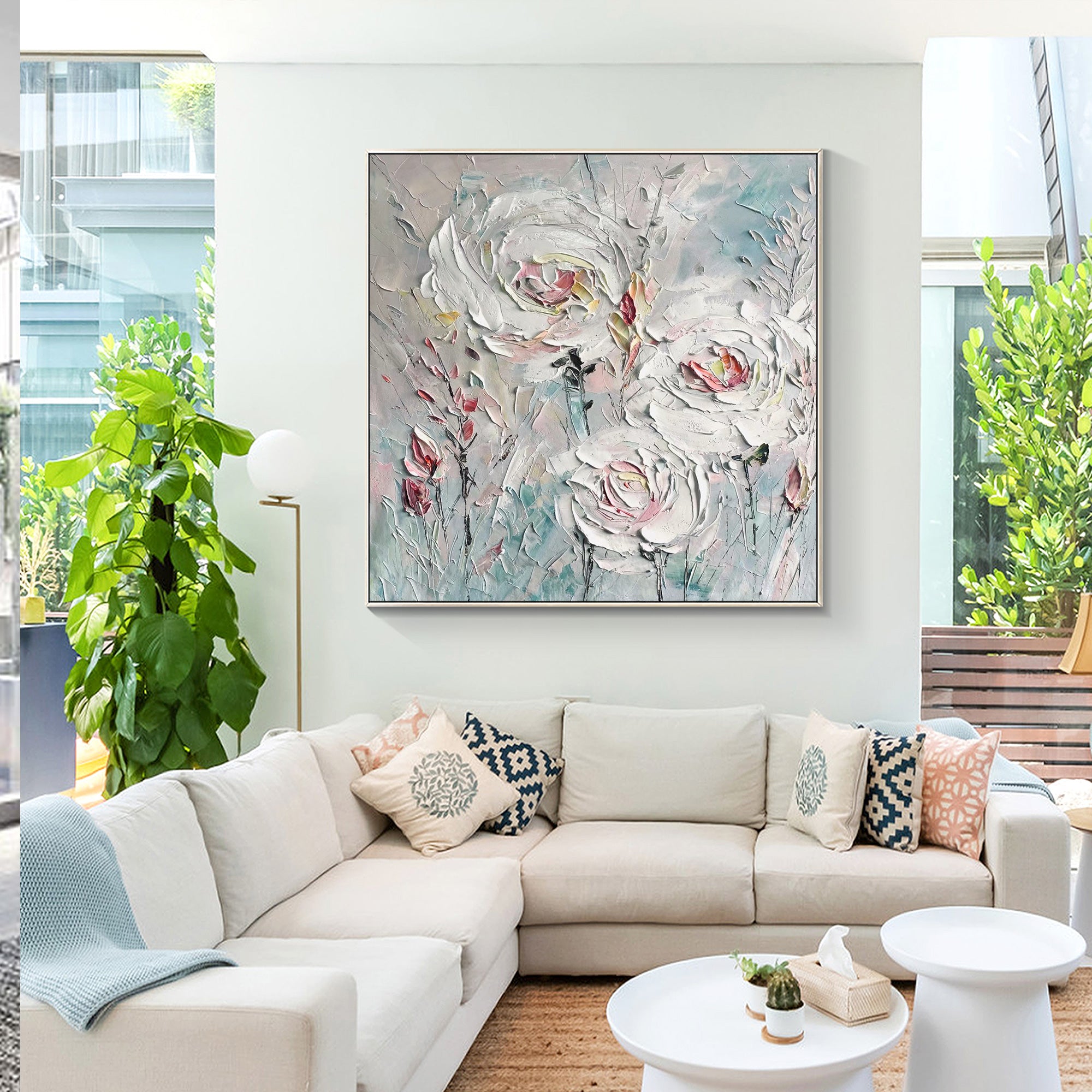 Elegant white rose abstract painting for bedroom or living room