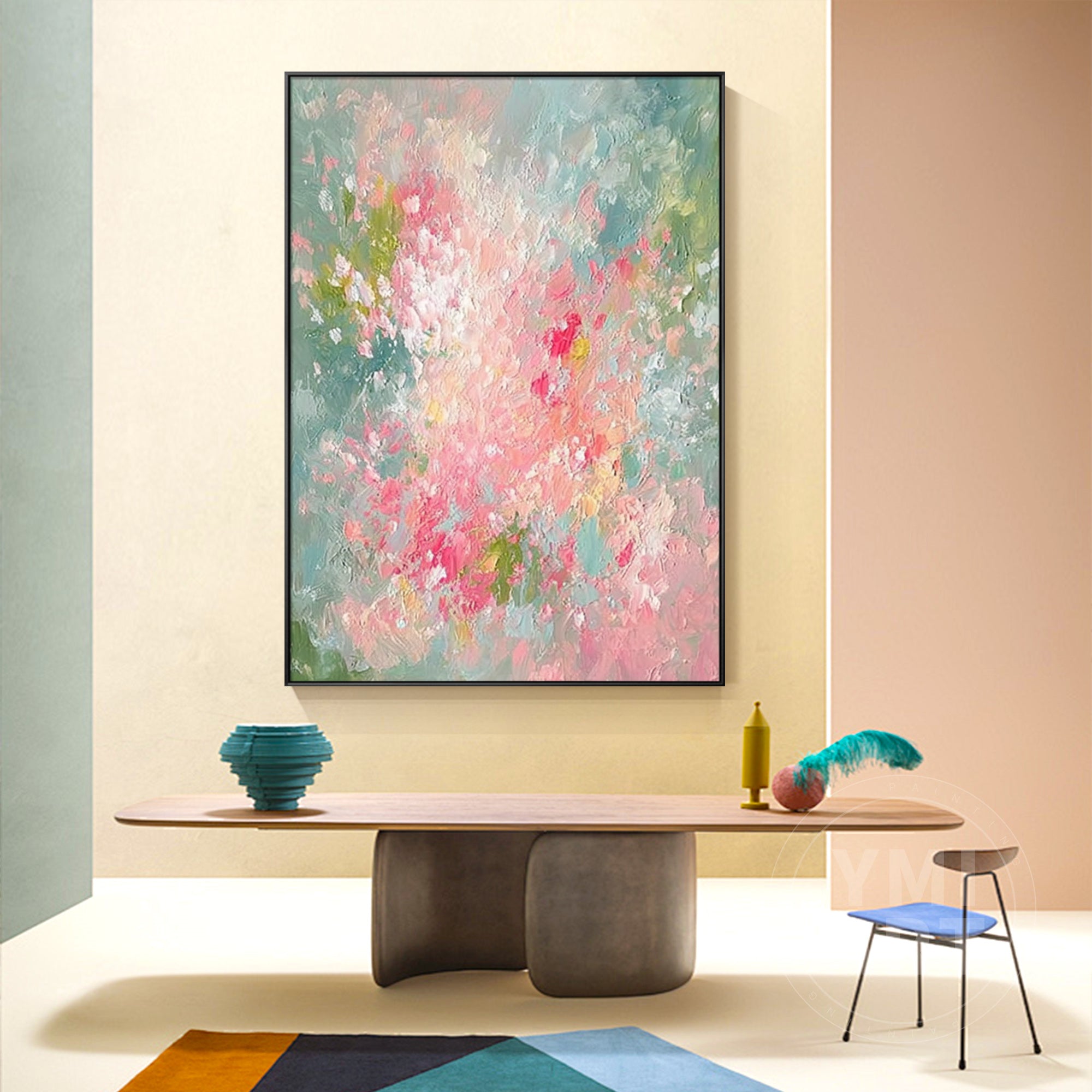 Hand‑painted vertical thick impasto textured abstract floral wall art with pink green garden blooms and gold frame for boho cottagecore modern romantic home decor
