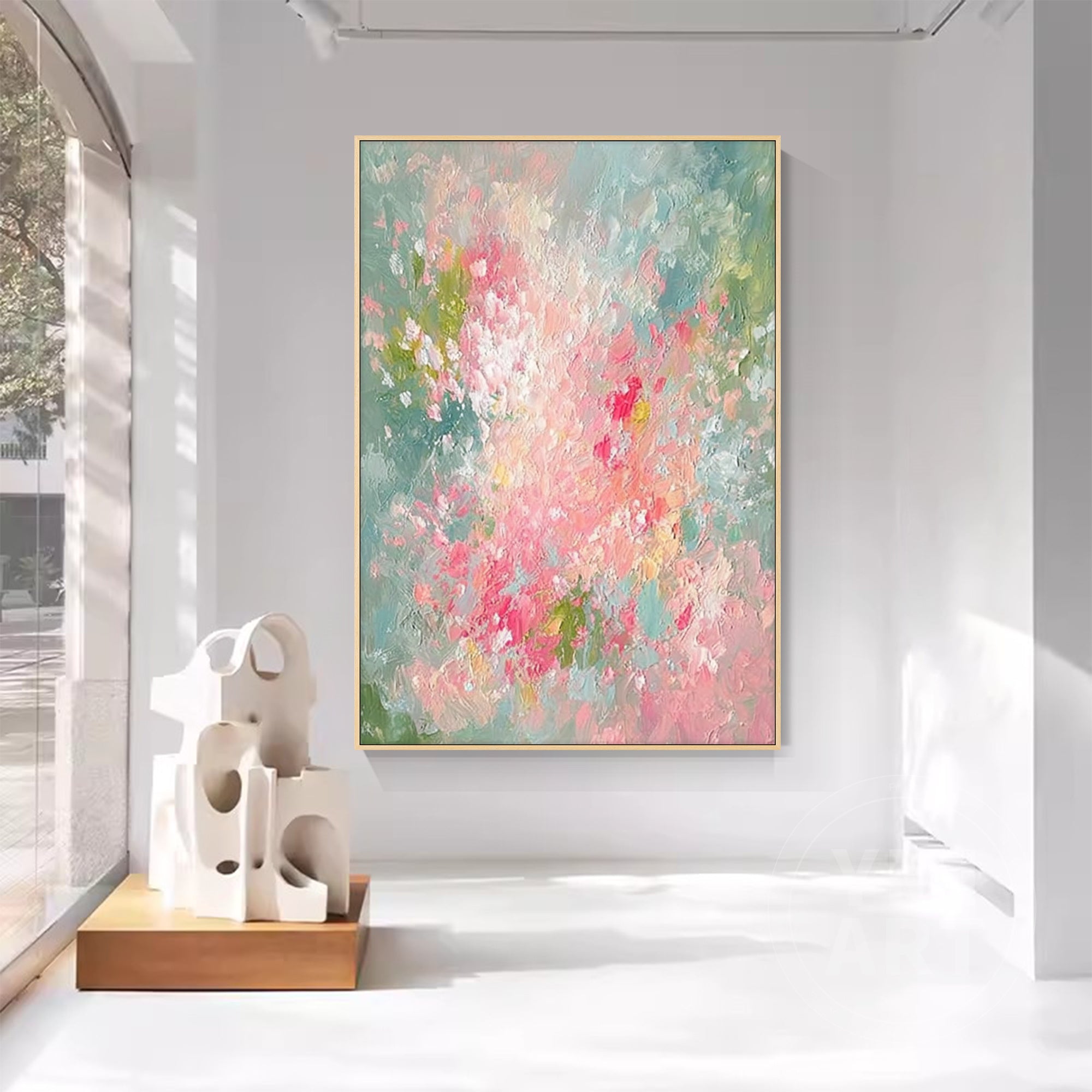 Hand‑painted vertical thick impasto textured abstract floral wall art with pink green garden blooms and gold frame for boho cottagecore modern romantic home decor