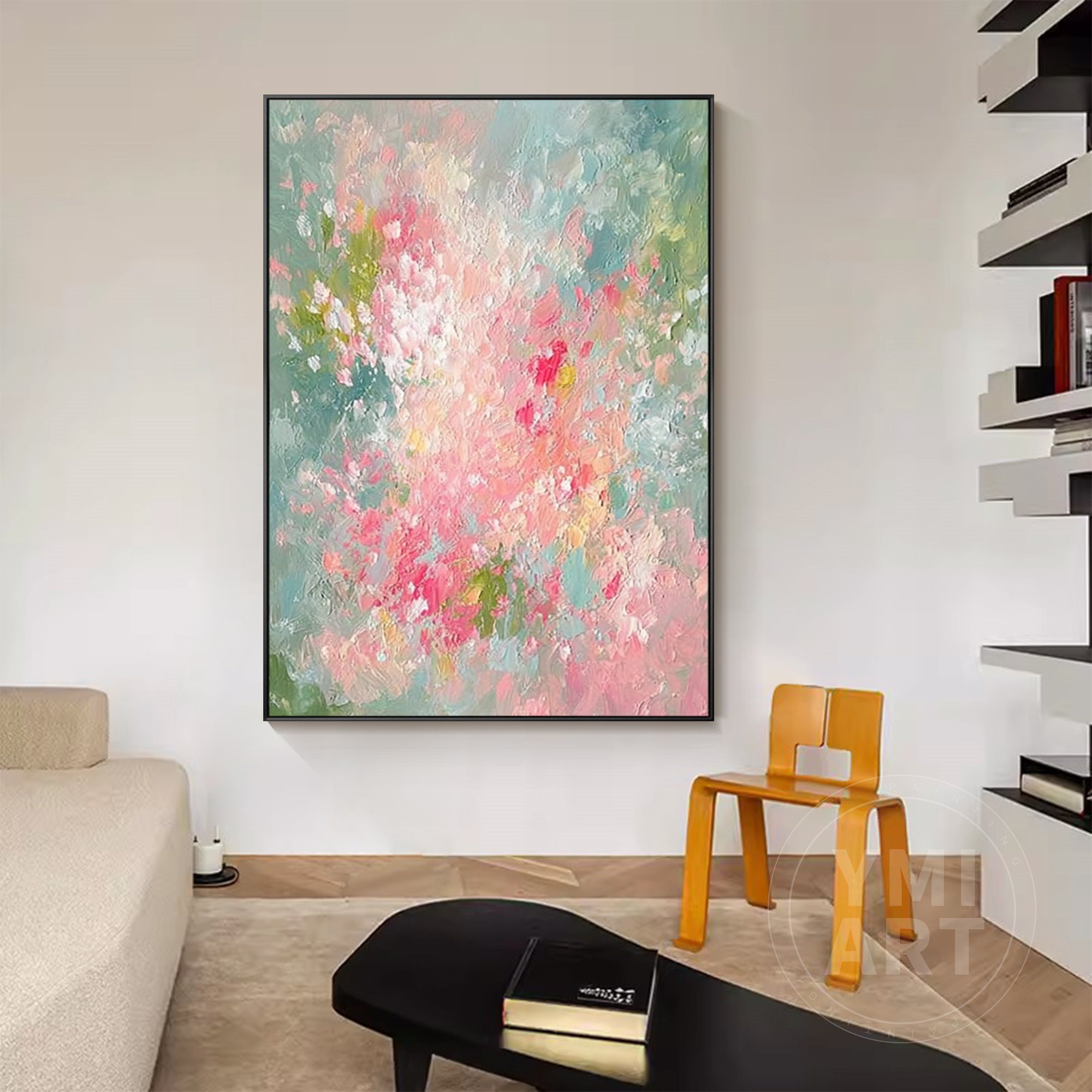 Hand‑painted vertical thick impasto textured abstract floral wall art with pink green garden blooms and gold frame for boho cottagecore modern romantic home decor