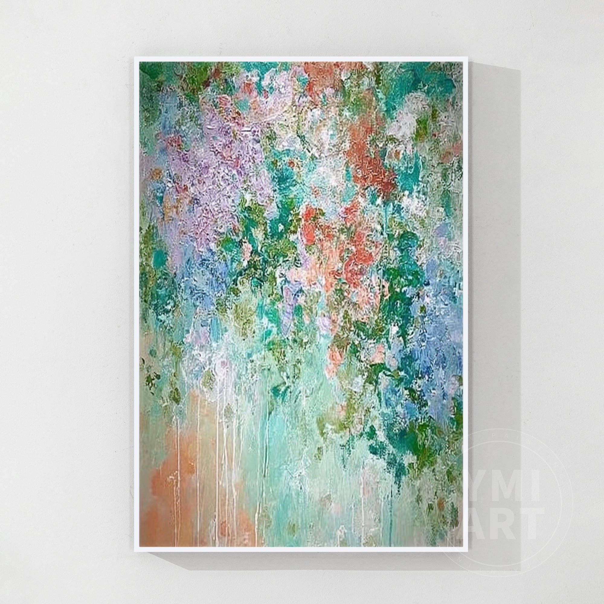 Hand‑painted vertical drip‑style impasto textured abstract floral wall art with teal purple orange garden blooms for boho cottagecore maximalist modern home decor