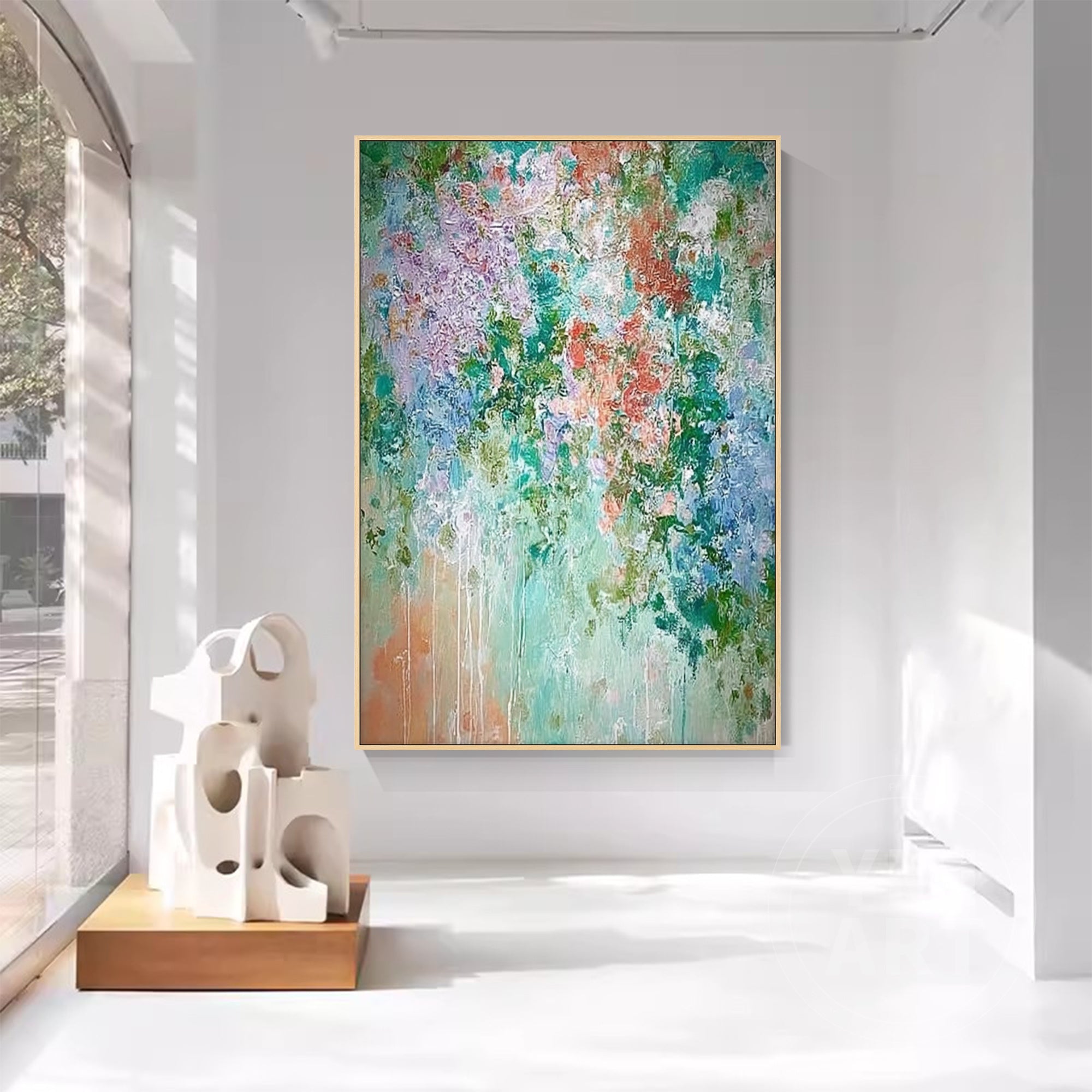 Hand‑painted vertical drip‑style impasto textured abstract floral wall art with teal purple orange garden blooms for boho cottagecore maximalist modern home decor