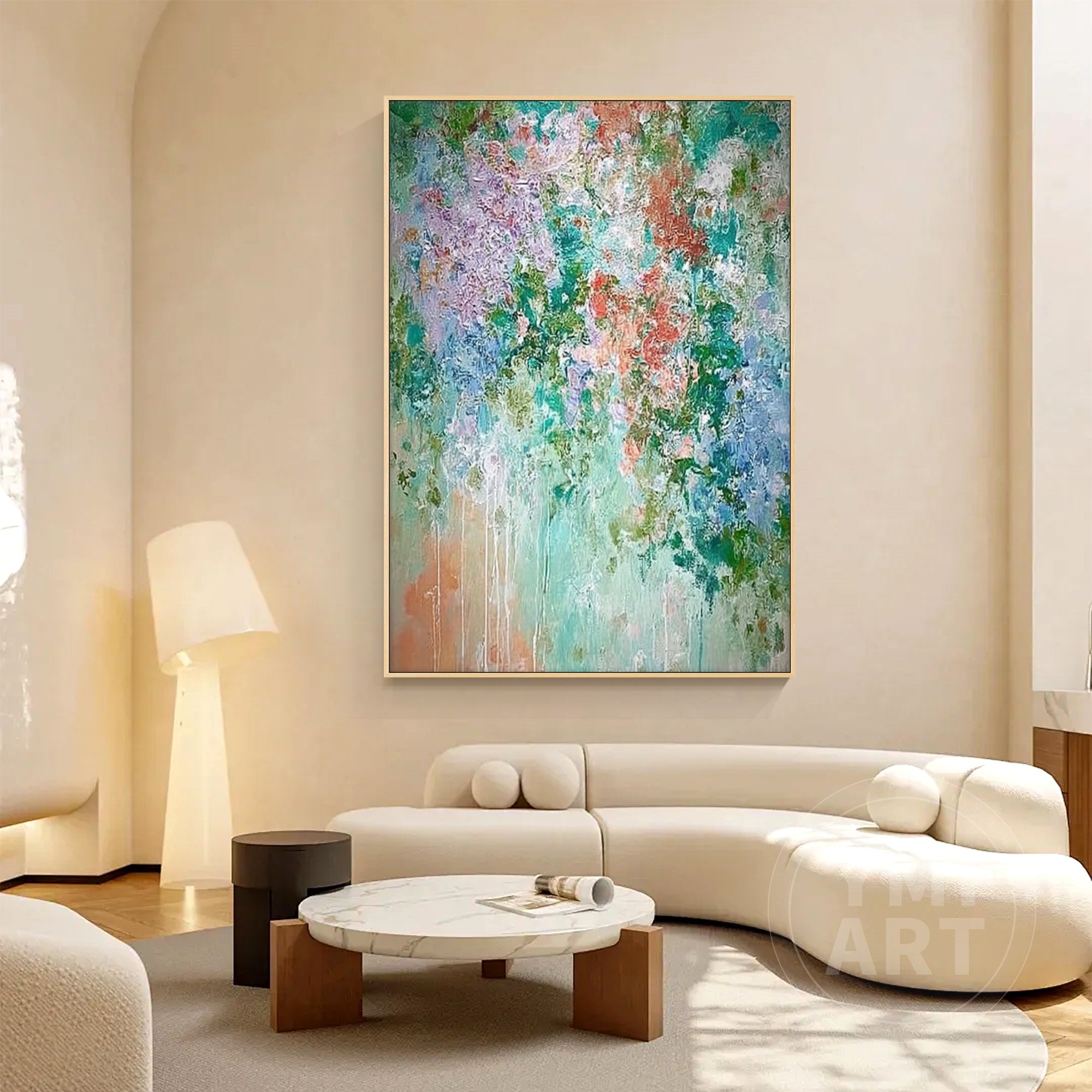 Hand‑painted vertical drip‑style impasto textured abstract floral wall art with teal purple orange garden blooms for boho cottagecore maximalist modern home decor