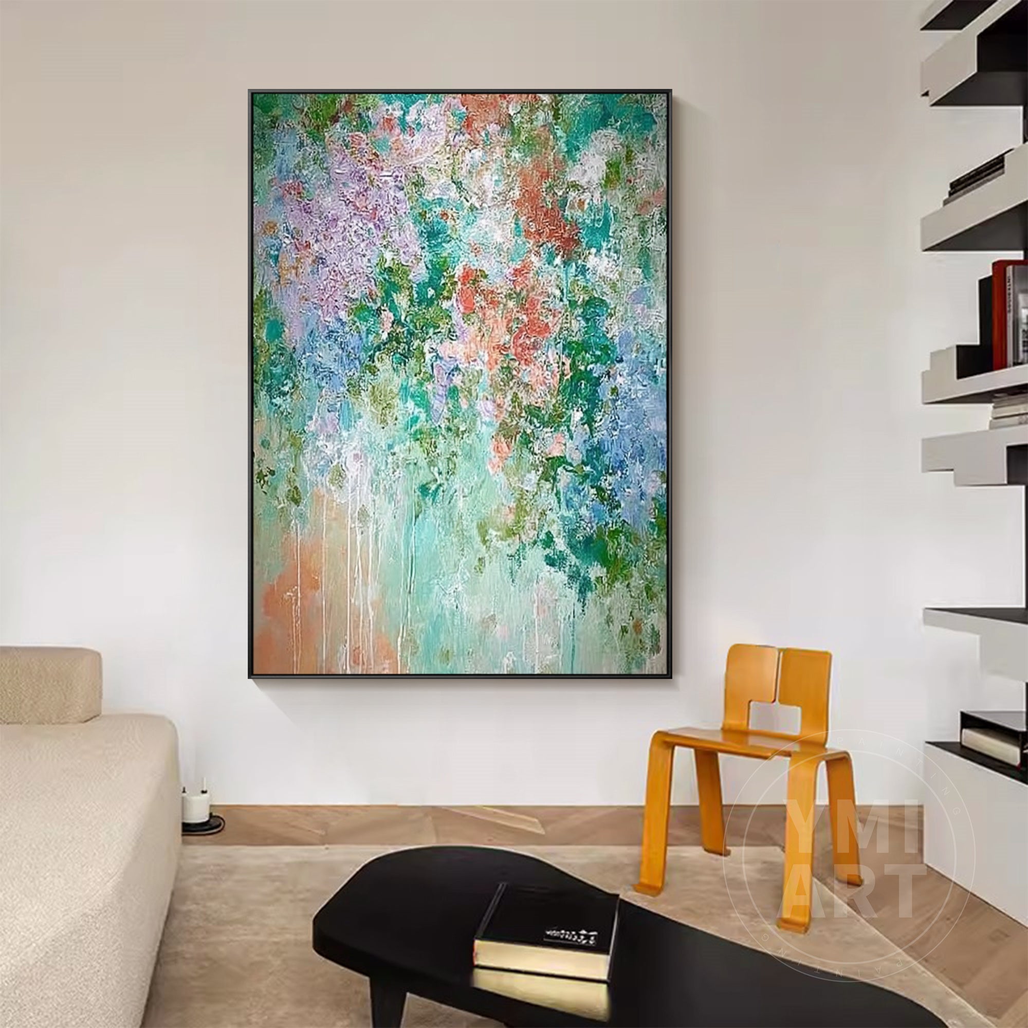 Hand‑painted vertical drip‑style impasto textured abstract floral wall art with teal purple orange garden blooms for boho cottagecore maximalist modern home decor