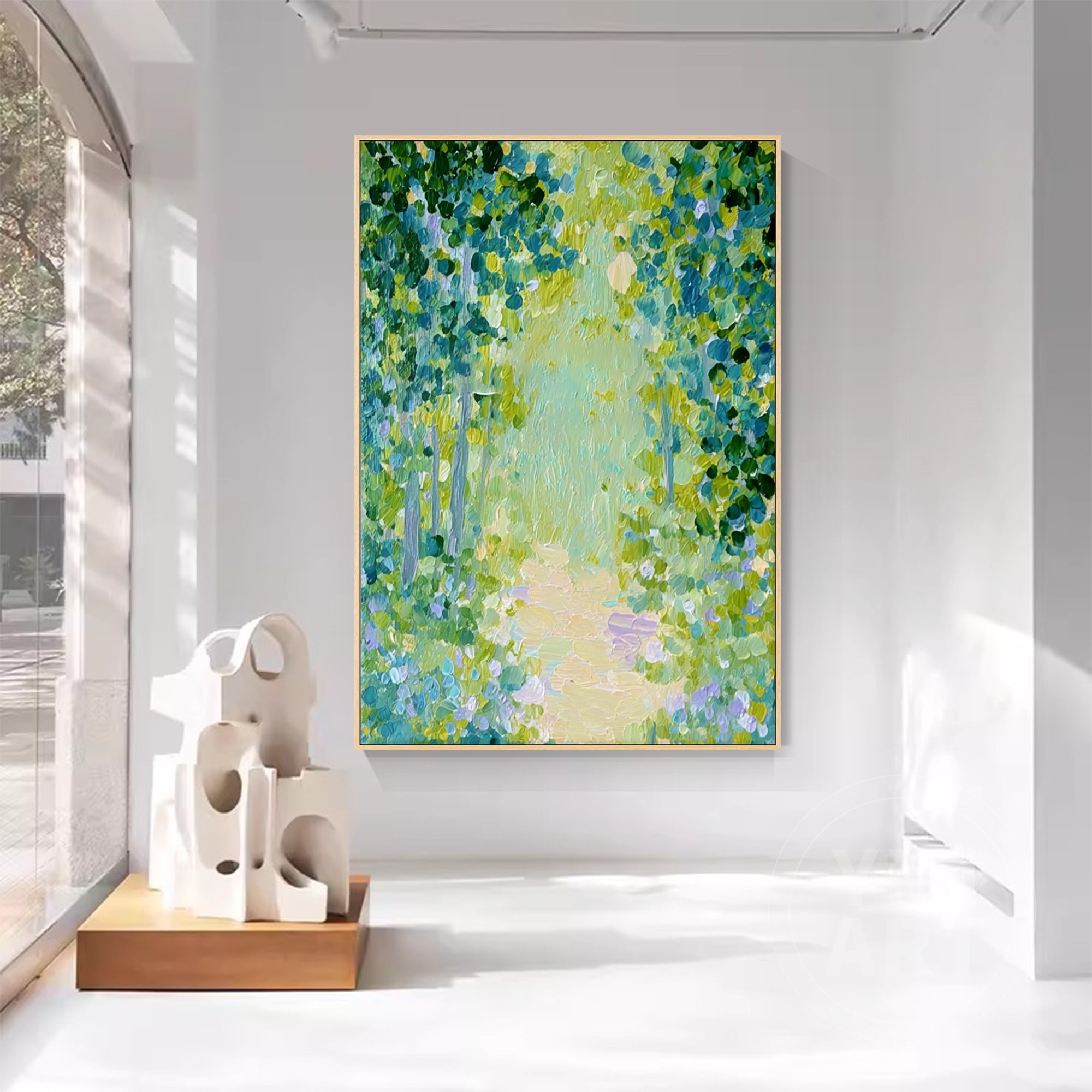 Hand‑painted vertical thick impasto textured abstract forest path wall art with sun‑dappled green trees for boho cottagecore japandi modern nature‑inspired home decor