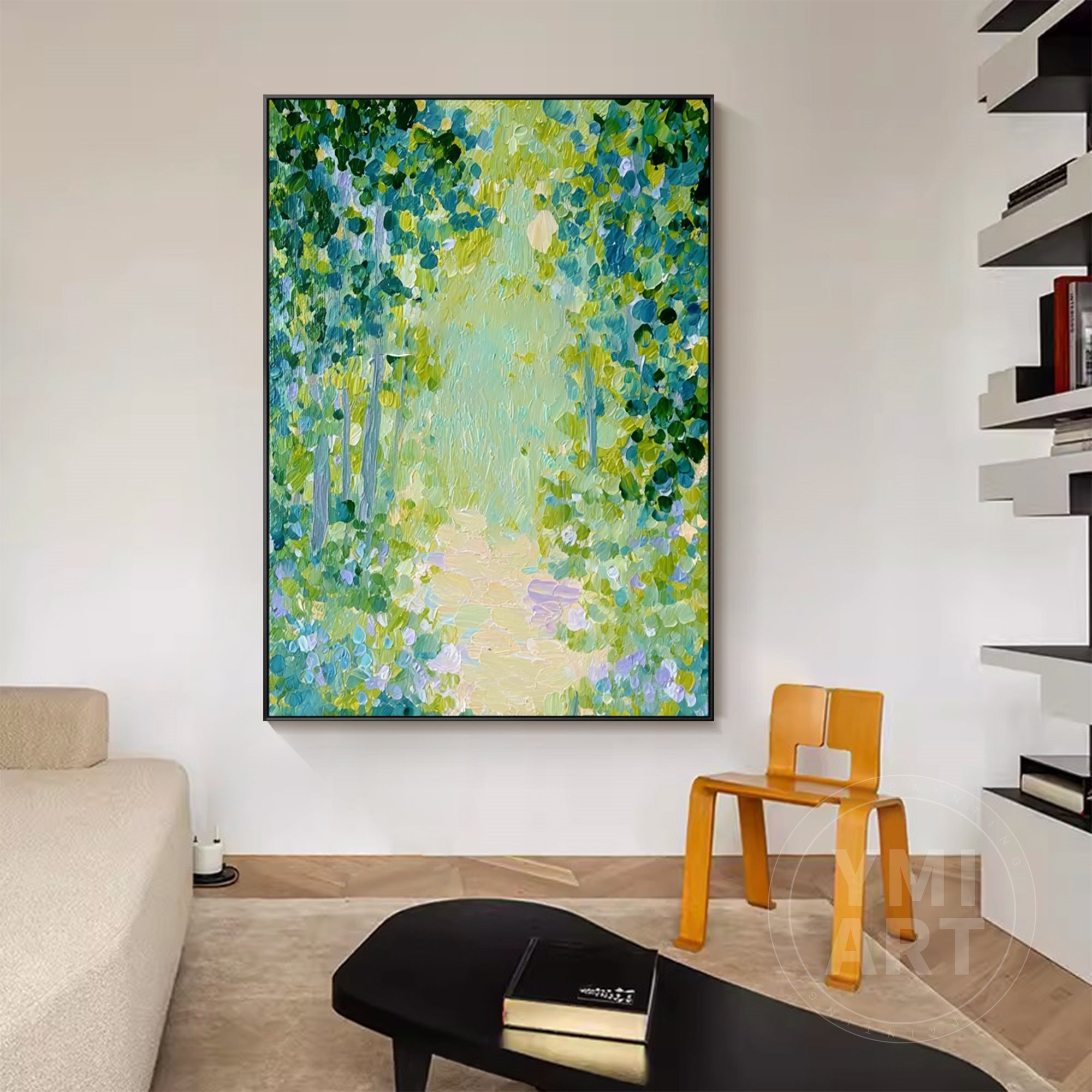 Hand‑painted vertical thick impasto textured abstract forest path wall art with sun‑dappled green trees for boho cottagecore japandi modern nature‑inspired home decor
