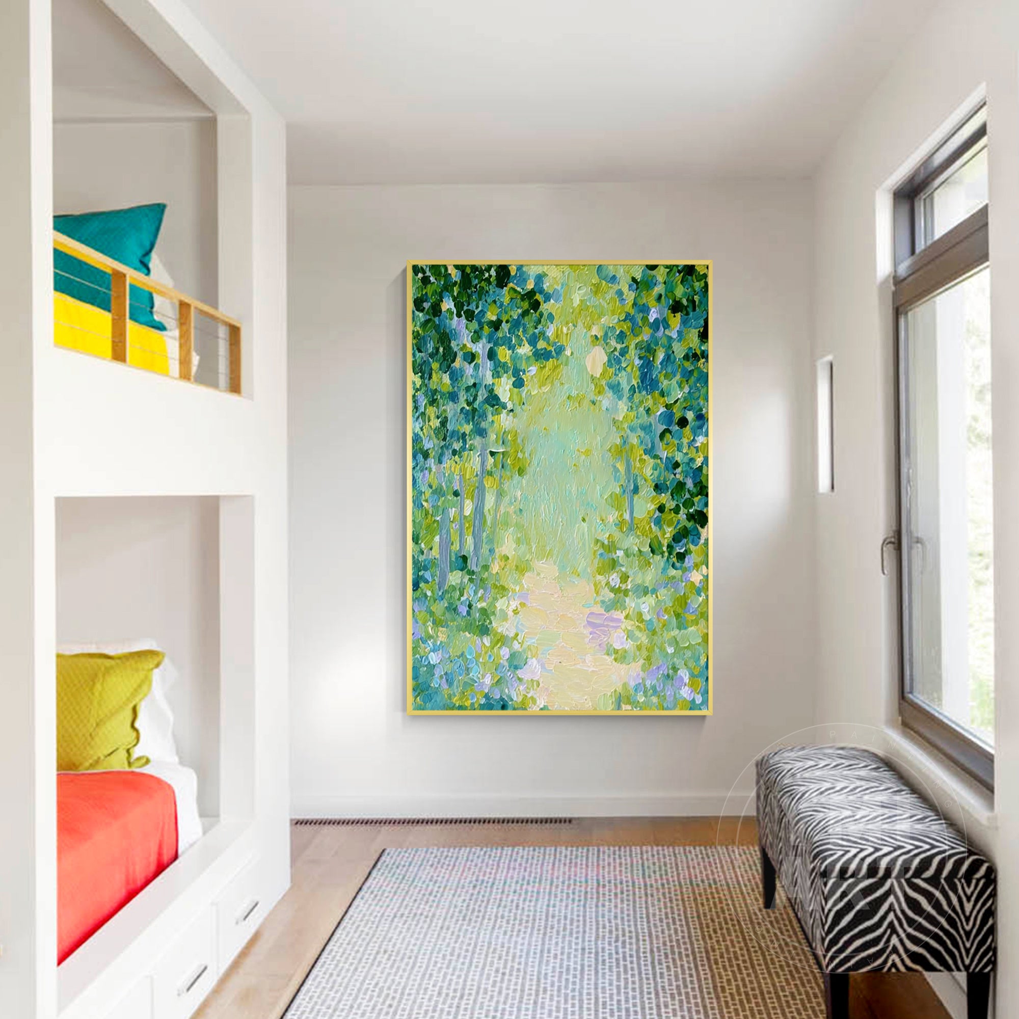 Hand‑painted vertical thick impasto textured abstract forest path wall art with sun‑dappled green trees for boho cottagecore japandi modern nature‑inspired home decor