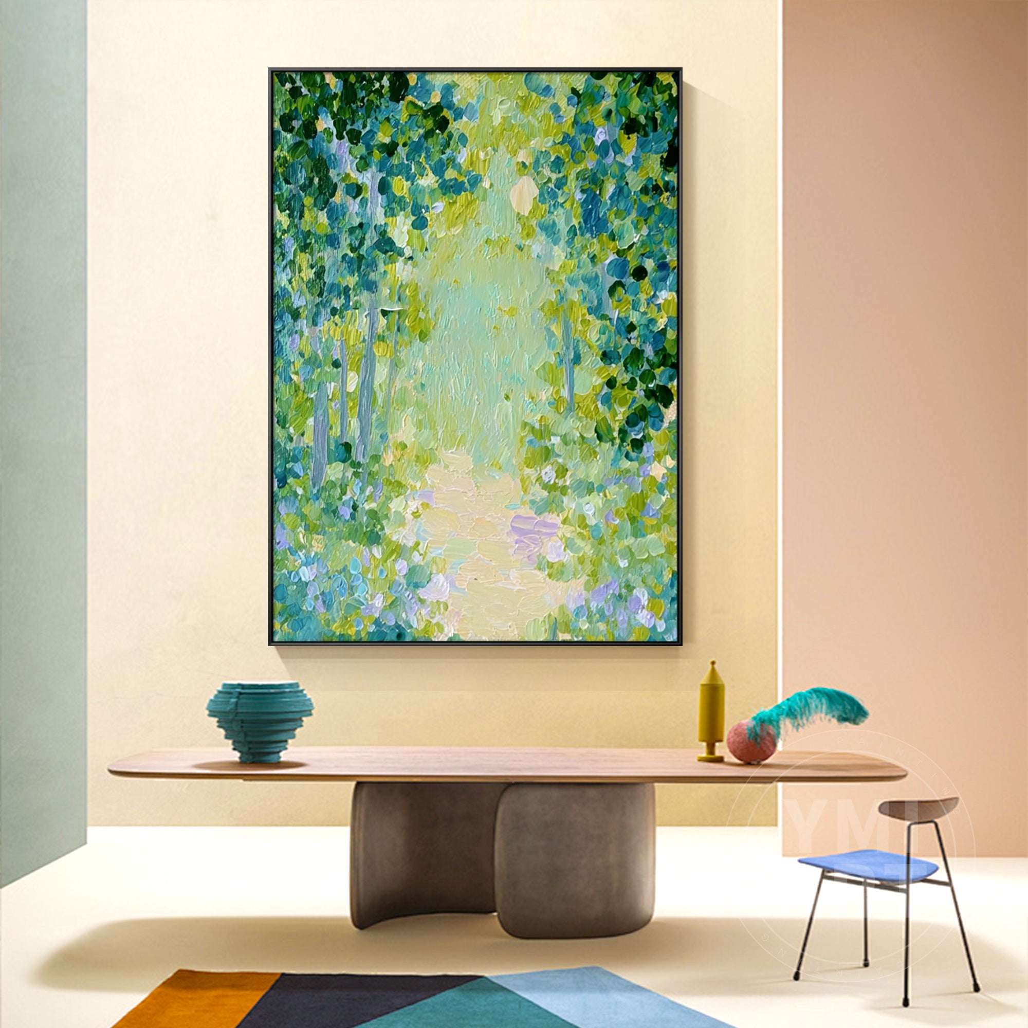 Hand‑painted vertical thick impasto textured abstract forest path wall art with sun‑dappled green trees for boho cottagecore japandi modern nature‑inspired home decor