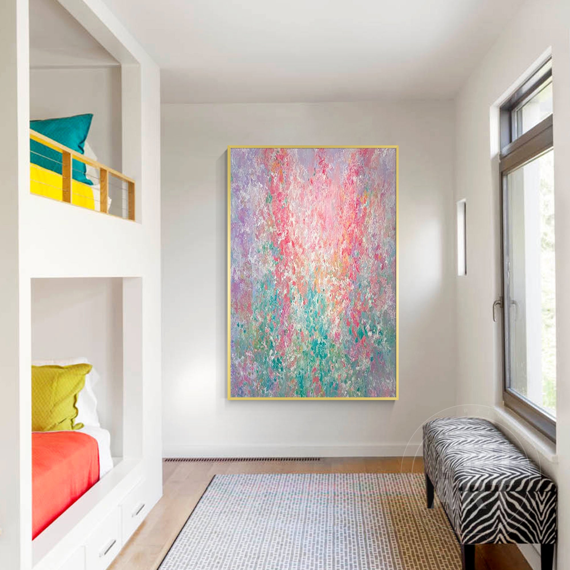 Hand‑painted vertical Monet‑style pointillism abstract floral impasto wall art with pastel pink purple teal blooms and gold frame for boho cottagecore luxury home decor