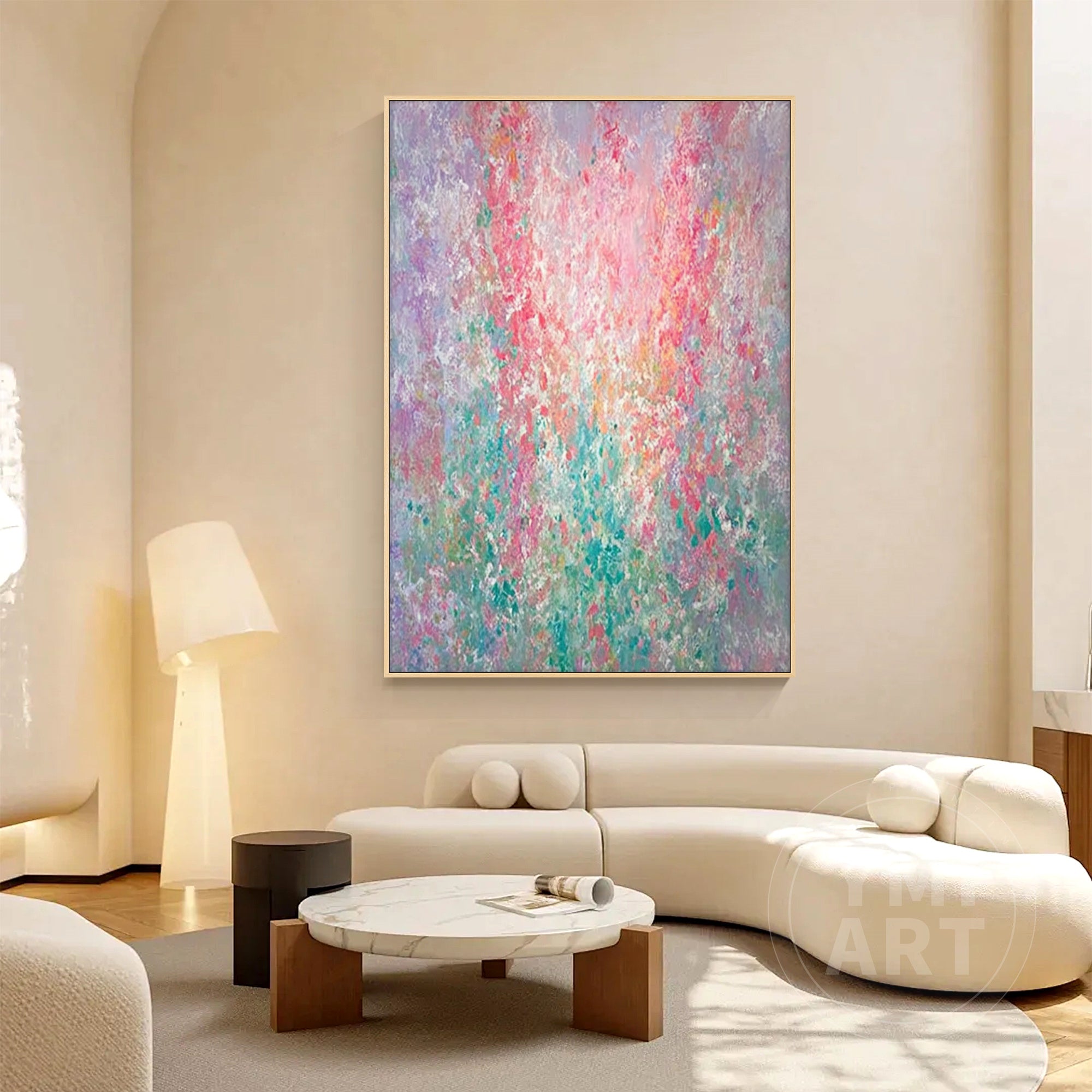 Hand‑painted vertical Monet‑style pointillism abstract floral impasto wall art with pastel pink purple teal blooms and gold frame for boho cottagecore luxury home decor