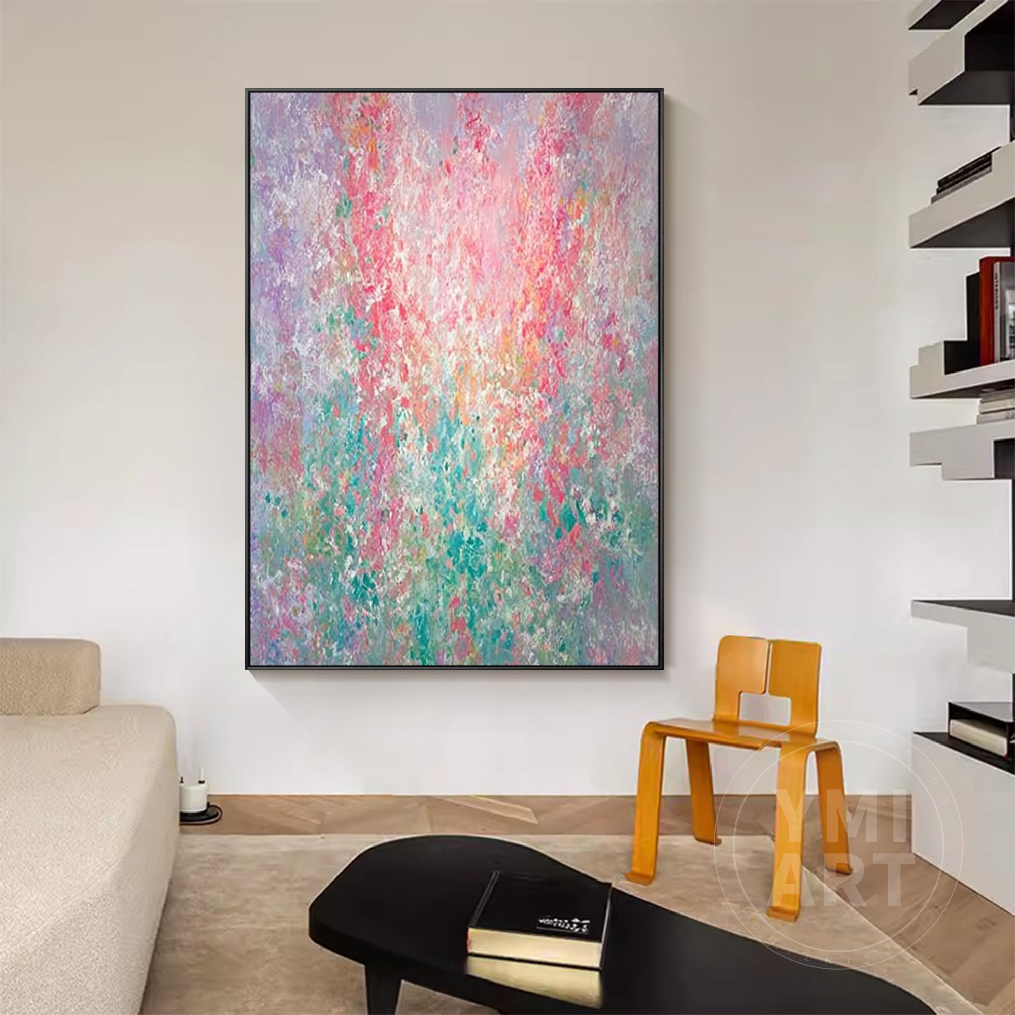Hand‑painted vertical Monet‑style pointillism abstract floral impasto wall art with pastel pink purple teal blooms and gold frame for boho cottagecore luxury home decor